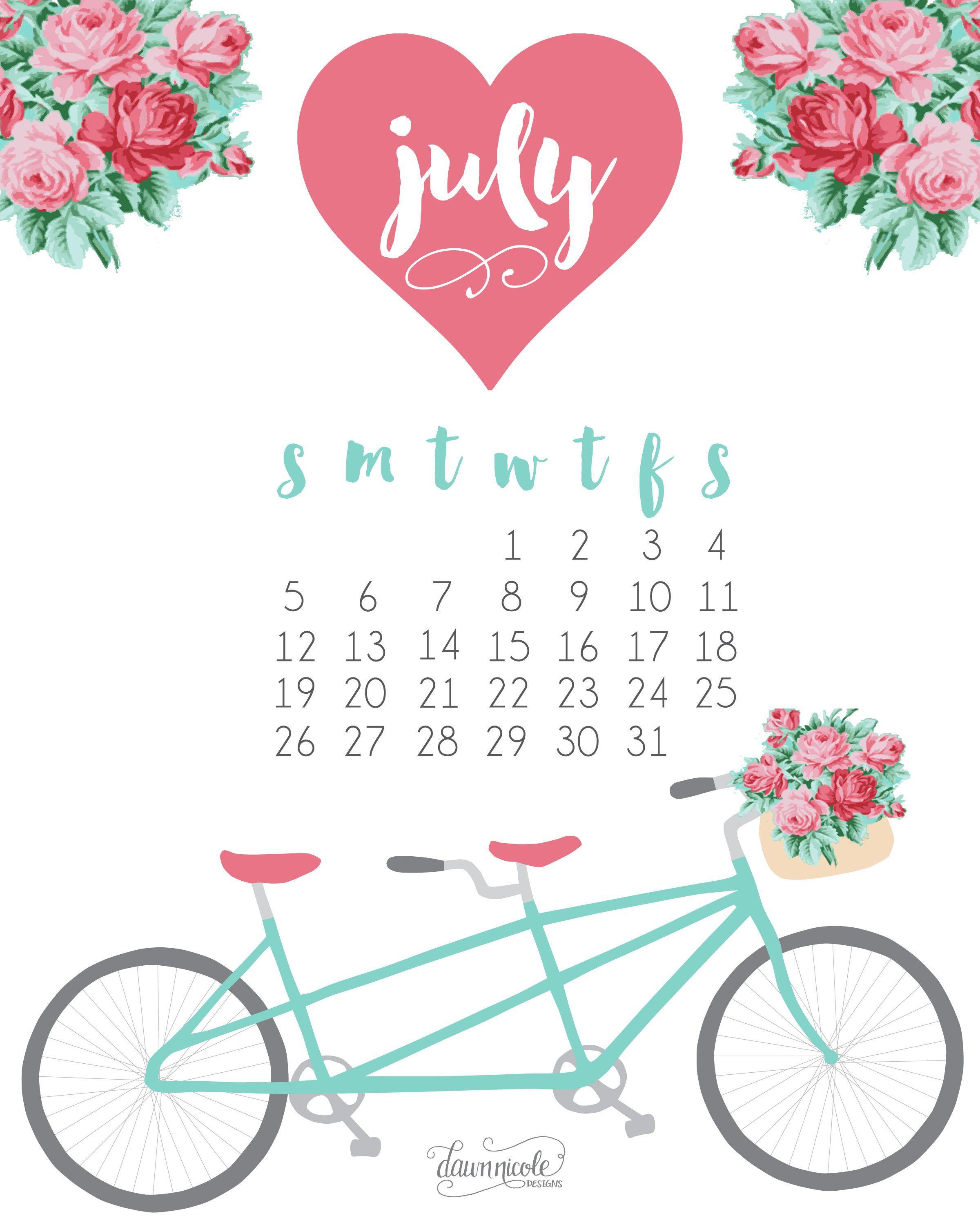 July Printable Calendar + Desktop Wallpaper. Dawn Nicole Designs™