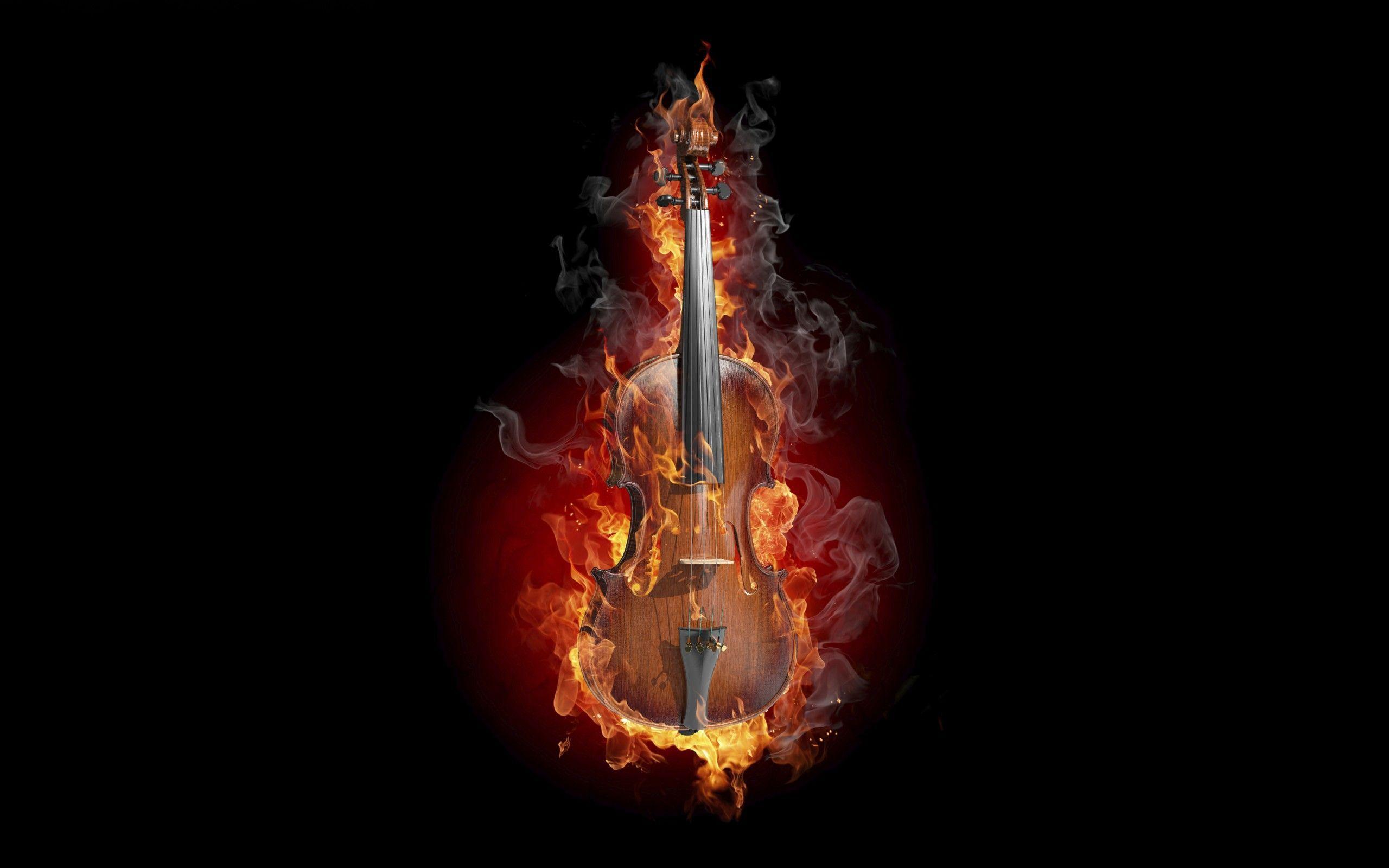 Wallpaper Violin, Fire, 4K, Dark, Creative Graphics