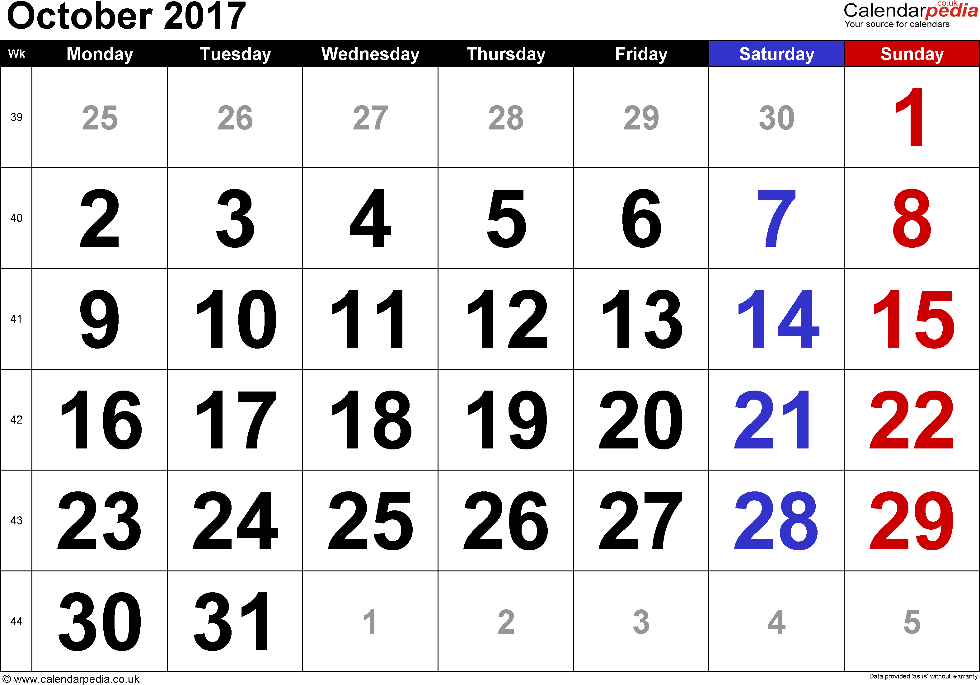 Calendar October 2017 UK, Bank Holidays, Excel PDF Word