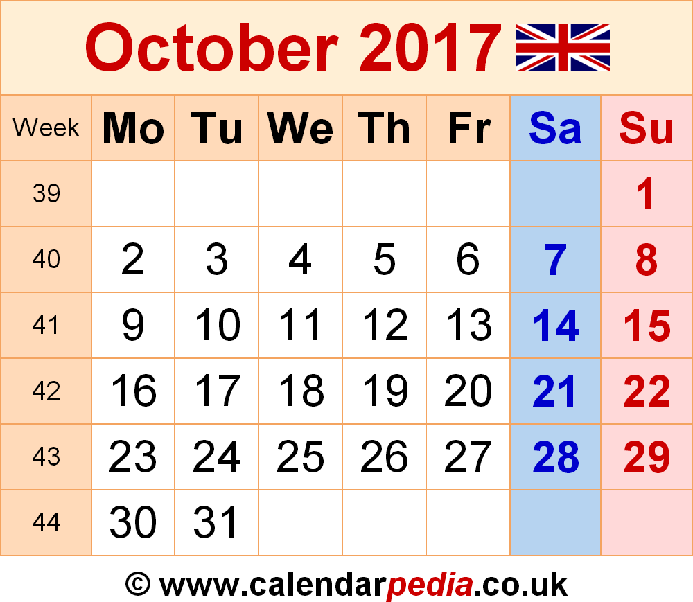 Calendar October 2017 UK, Bank Holidays, Excel PDF Word
