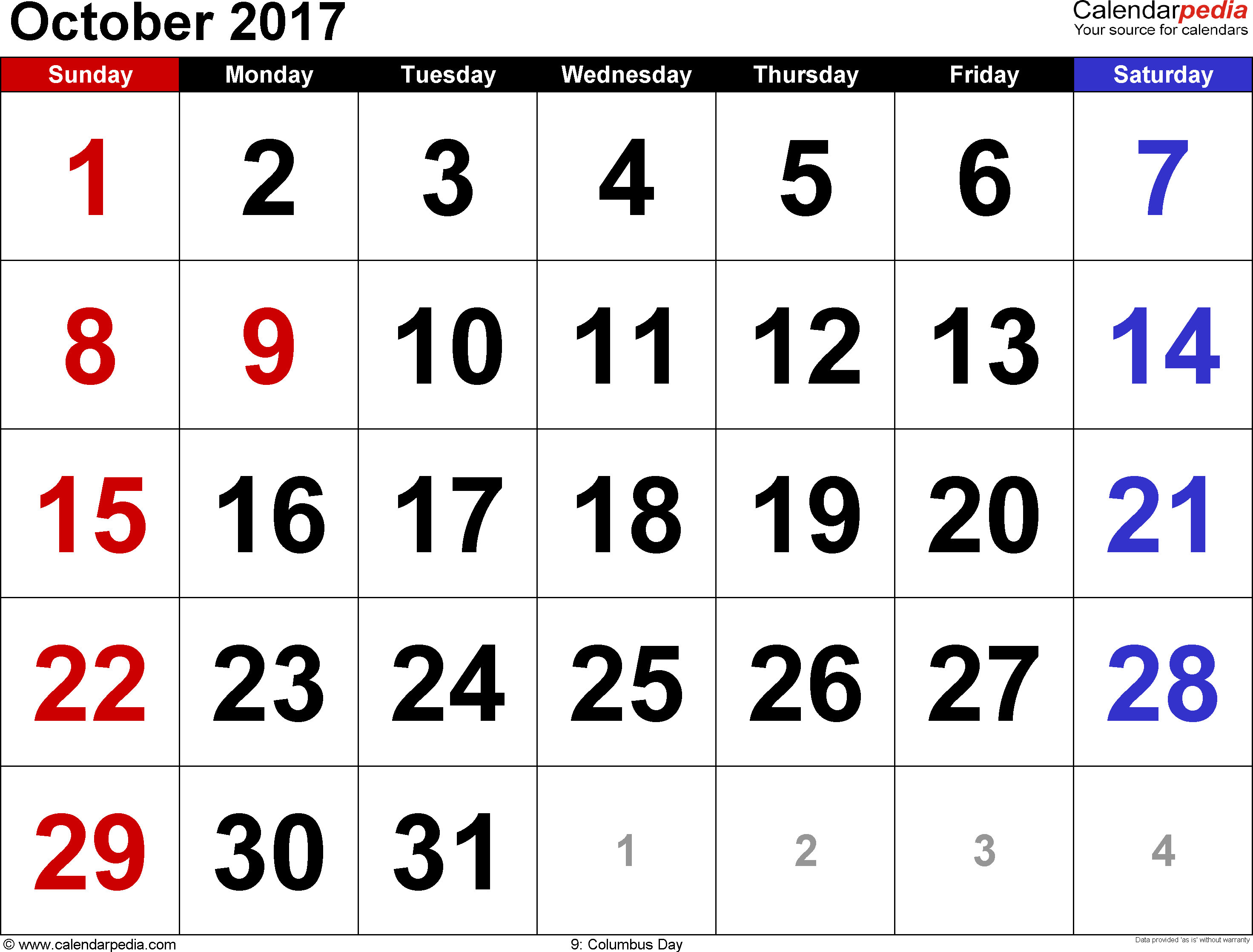 Calendar 2017 October – Printable Editable Blank Calendar 2017