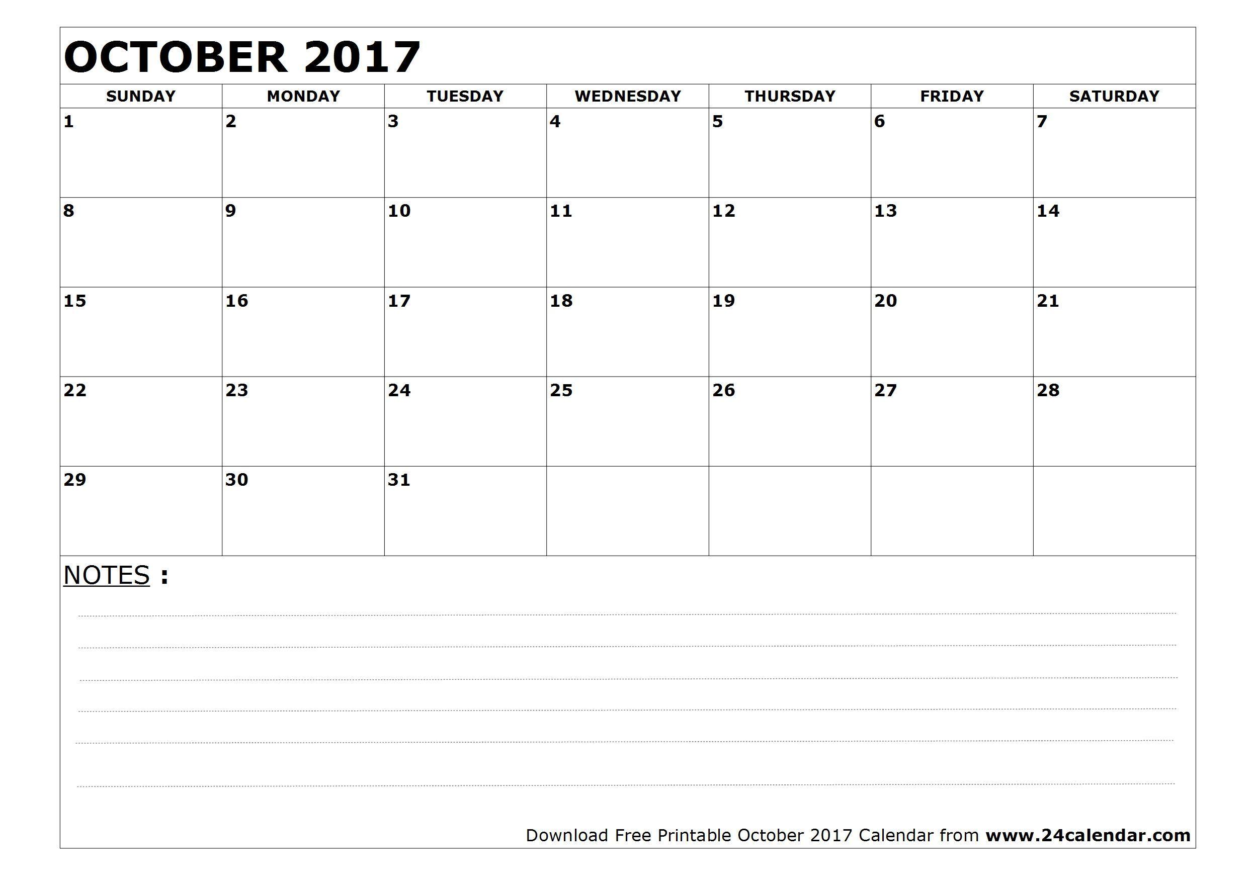 Blank October 2017 Calendar in Printable format
