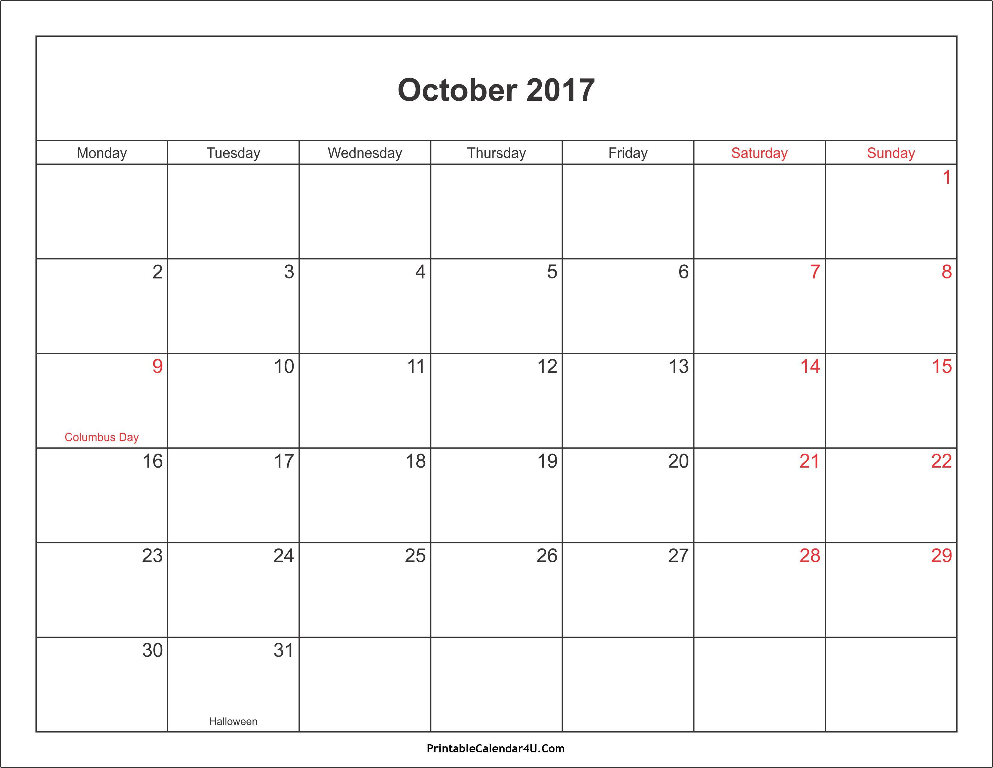 October 2017 Calendar With Holidays. yearly calendar printable