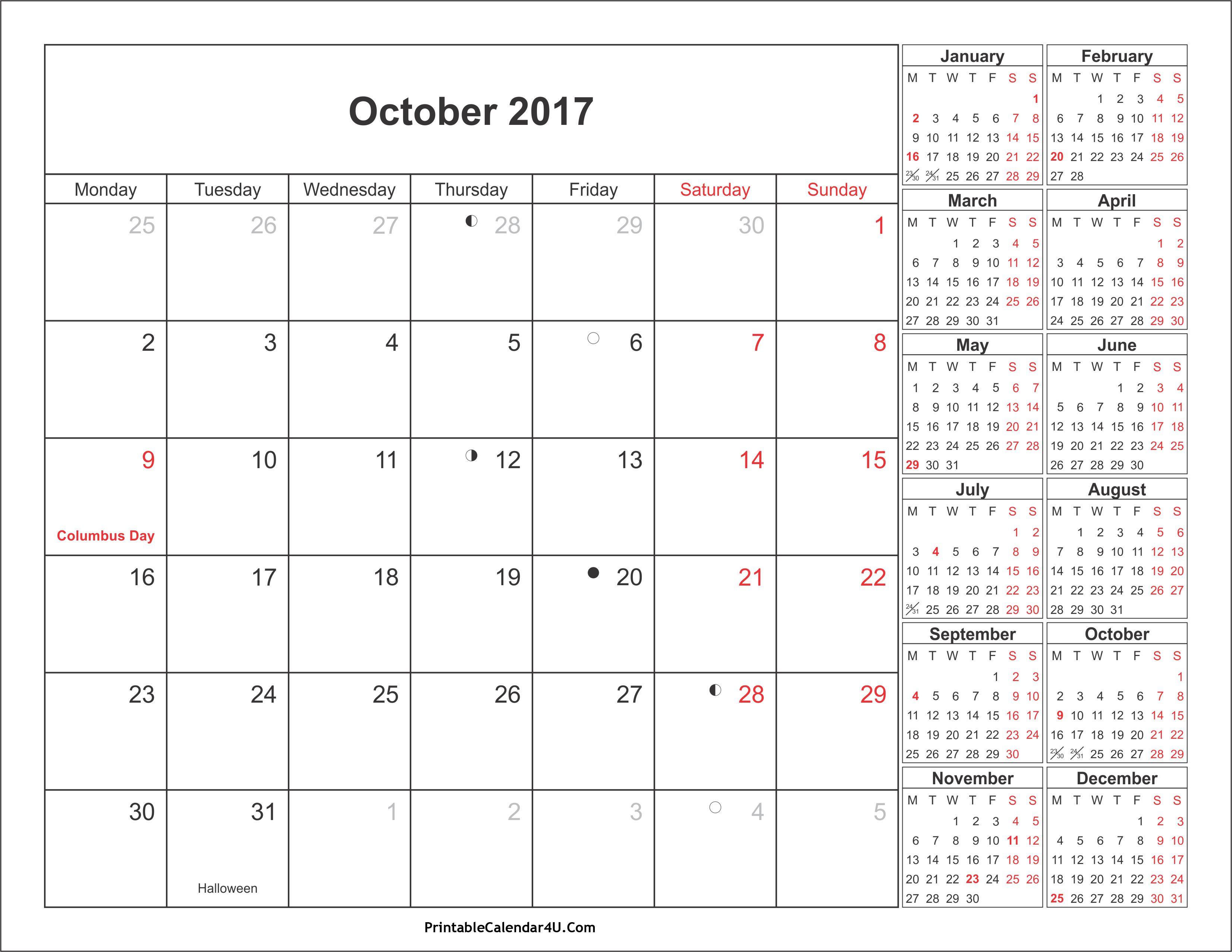October 2017 Calendar Printable With Holidays. monthly calendar