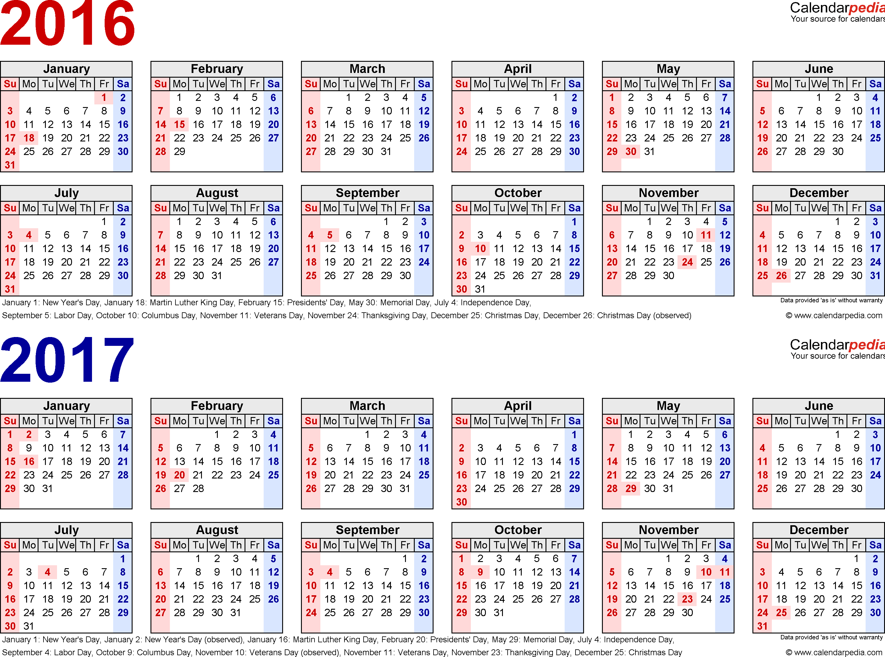 2016 2017 Calendar Printable Two Year PDF Calendars