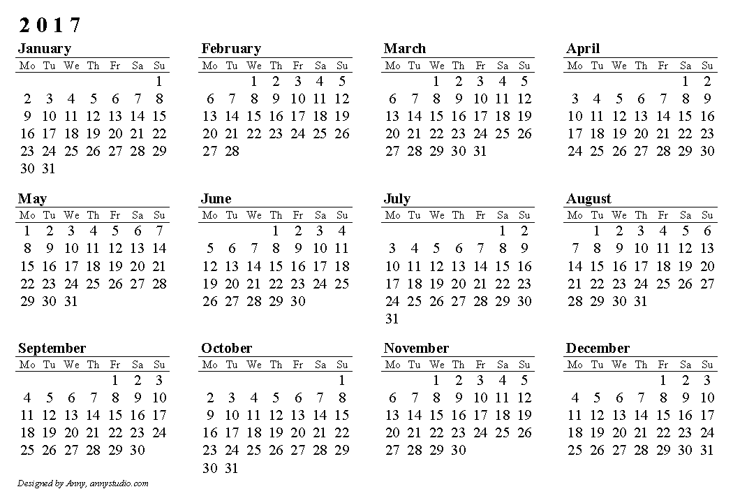 Download a free Printable 2017 Holiday Calendar from Vertex42.com