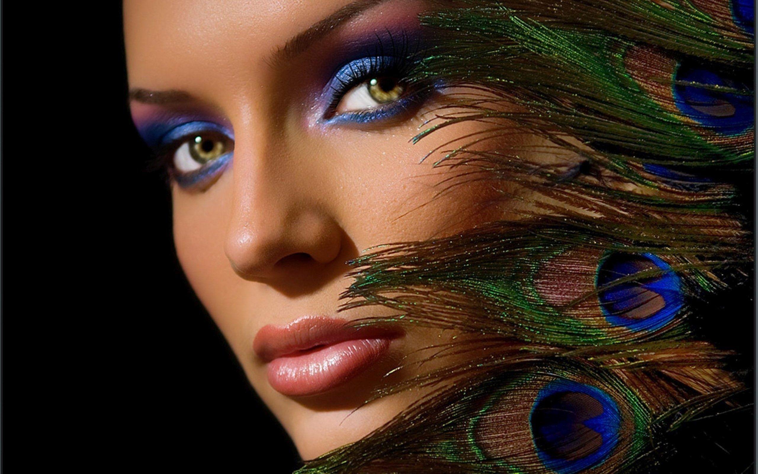 Pretty, Peacock Feathers, Beautiful Woman, Makeup, Face