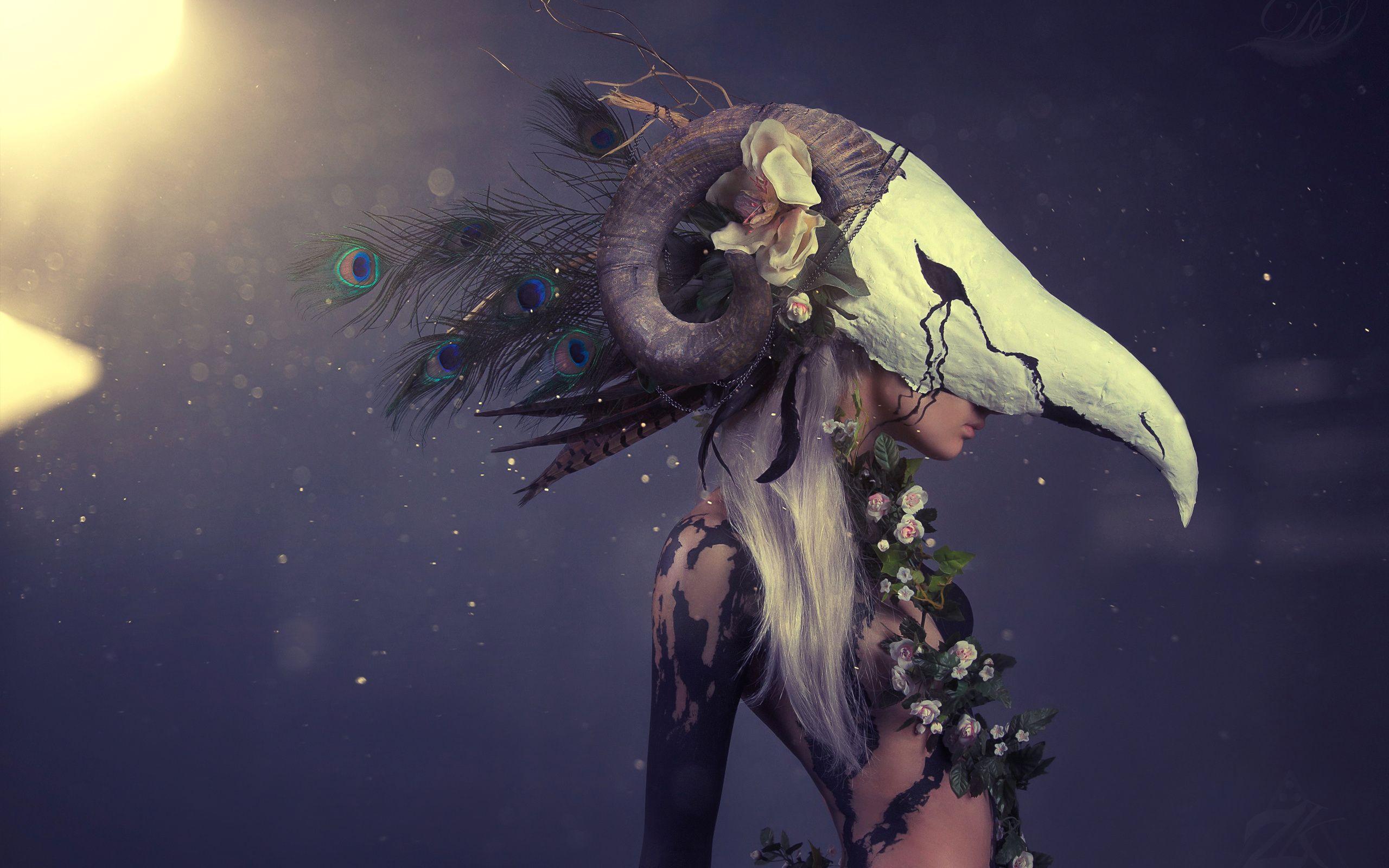 Flowers, Skull, Horn, Mask, Feathers, Peacock, Girl