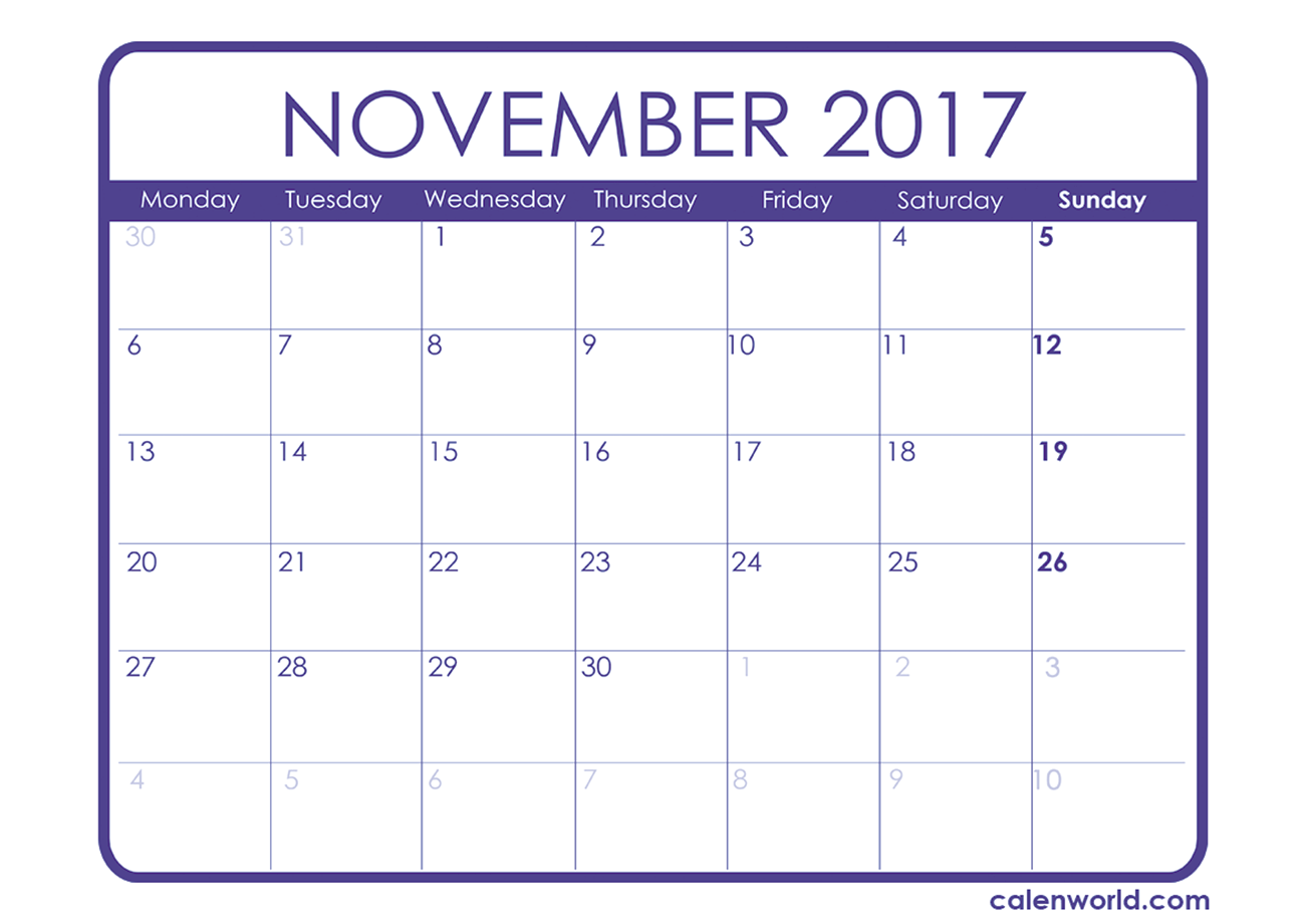 Monthly Calendar Nov 2017. Free Annual Calendar Software
