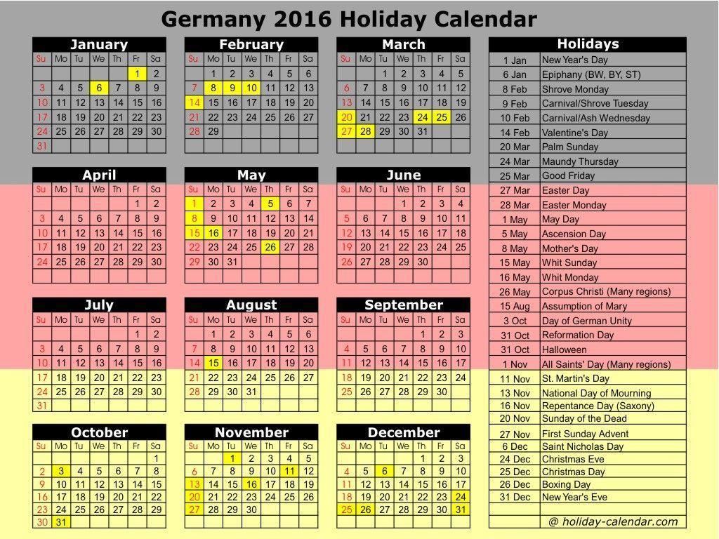 Germany 2016 / 2017 Holiday Calendar