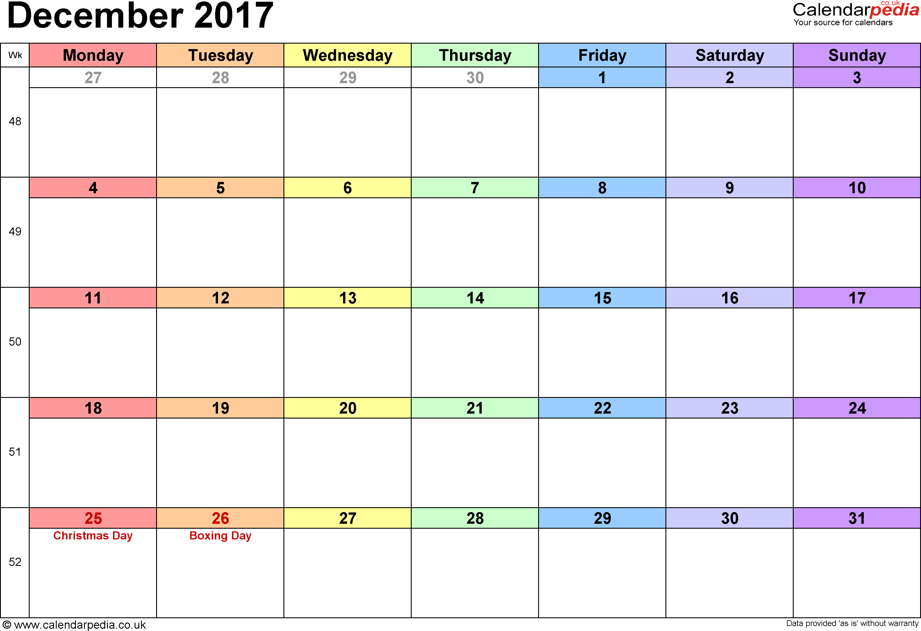 December 2017 Calendar Excel. monthly calendar printable