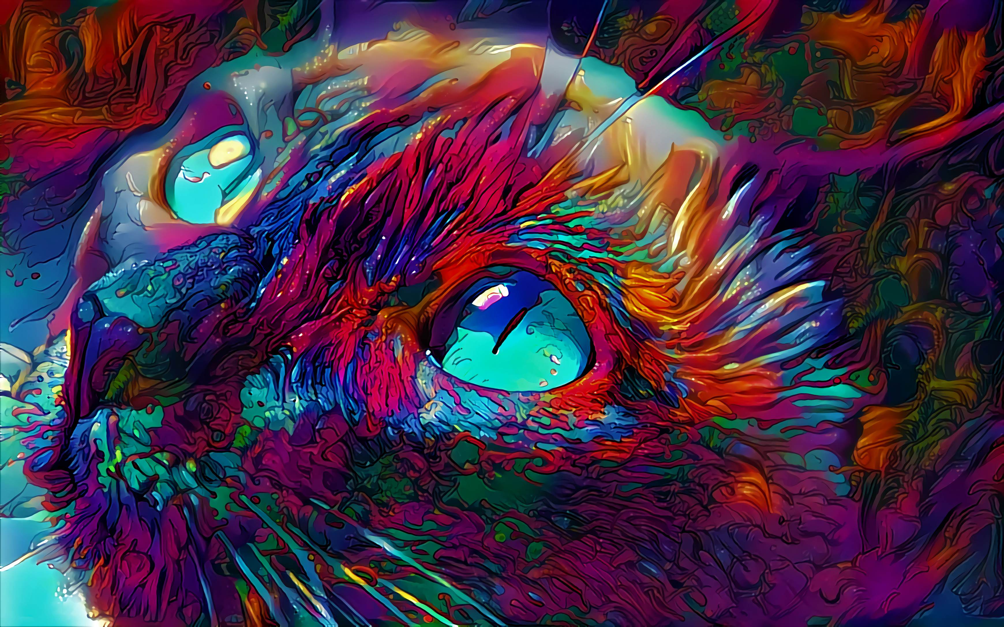 Psychedelic Cat and Upscaled to 4k. Created by DeepArt neural imaging AI ( 2016) on (2009) Untitled Siamese Cat x 147 -> [3480x2175]: wallpaper