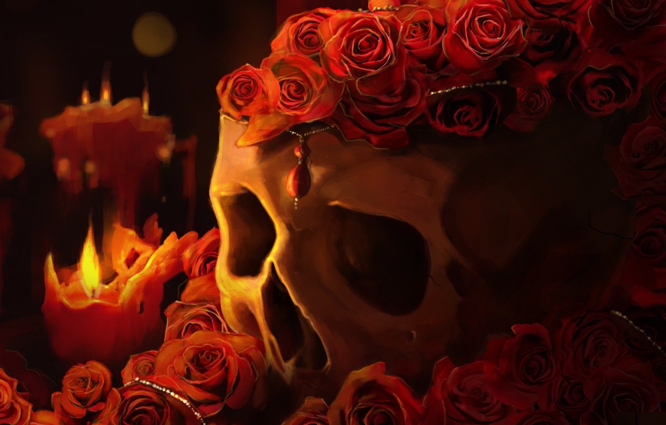 Wallpaper FIRE, RED, SKULL, FLOWERS, FLAME, ROSES, PENDANT, CANDLES image for desktop, section разное