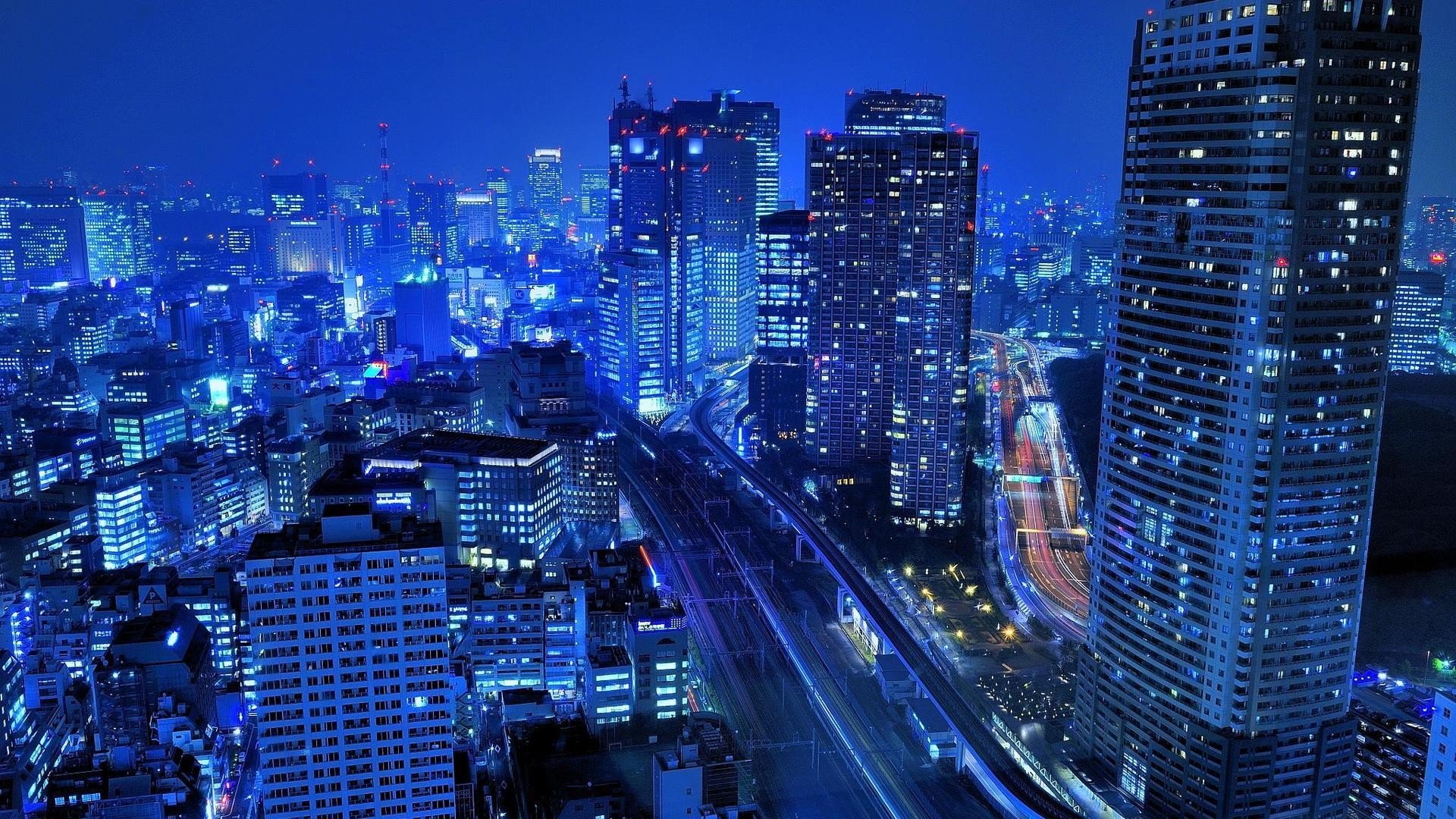px blue buildings cityscapes Japan light night roads Tokyo