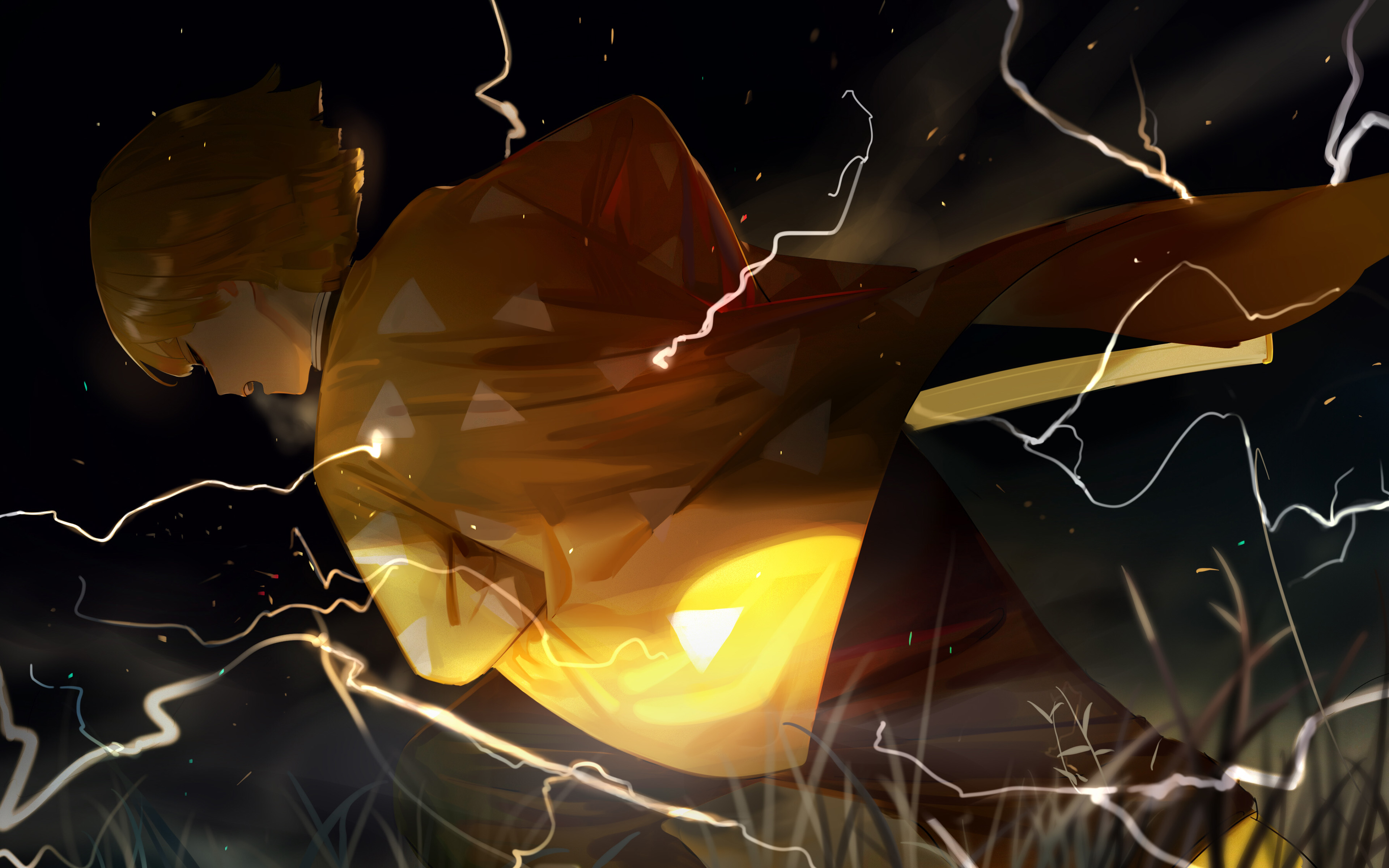 Download wallpaper Zenitsu Agatsuma, night, Demon Hunter, 4k, Kimetsu no Yaiba, Demon Slayer, manga, Zenitsu Agatsuma back view for desktop with resolution 3840x2400. High Quality HD picture wallpaper