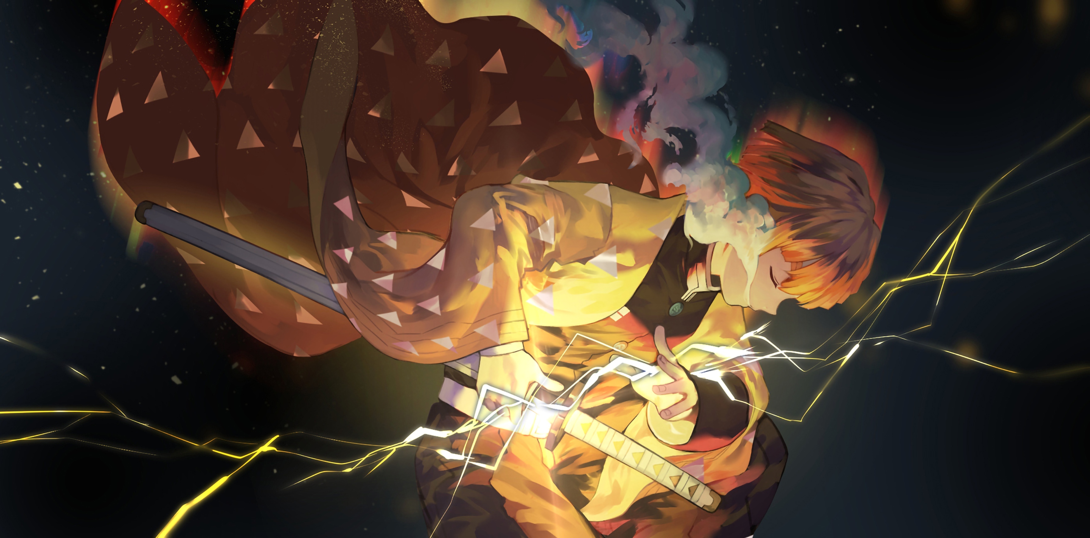 Wallpaper Zenitsu Agatsuma, Lightning, Demon Slayer, Sword, Kimetsu No Yaiba:3472x1715