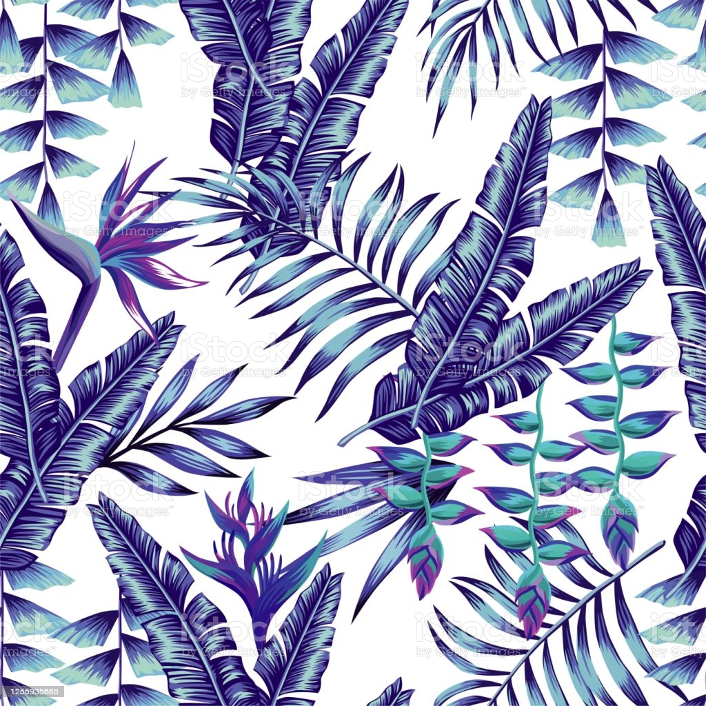 Blue Tropical Flowers And Palm Leaves Seamless Background Stock Illustration Image Now