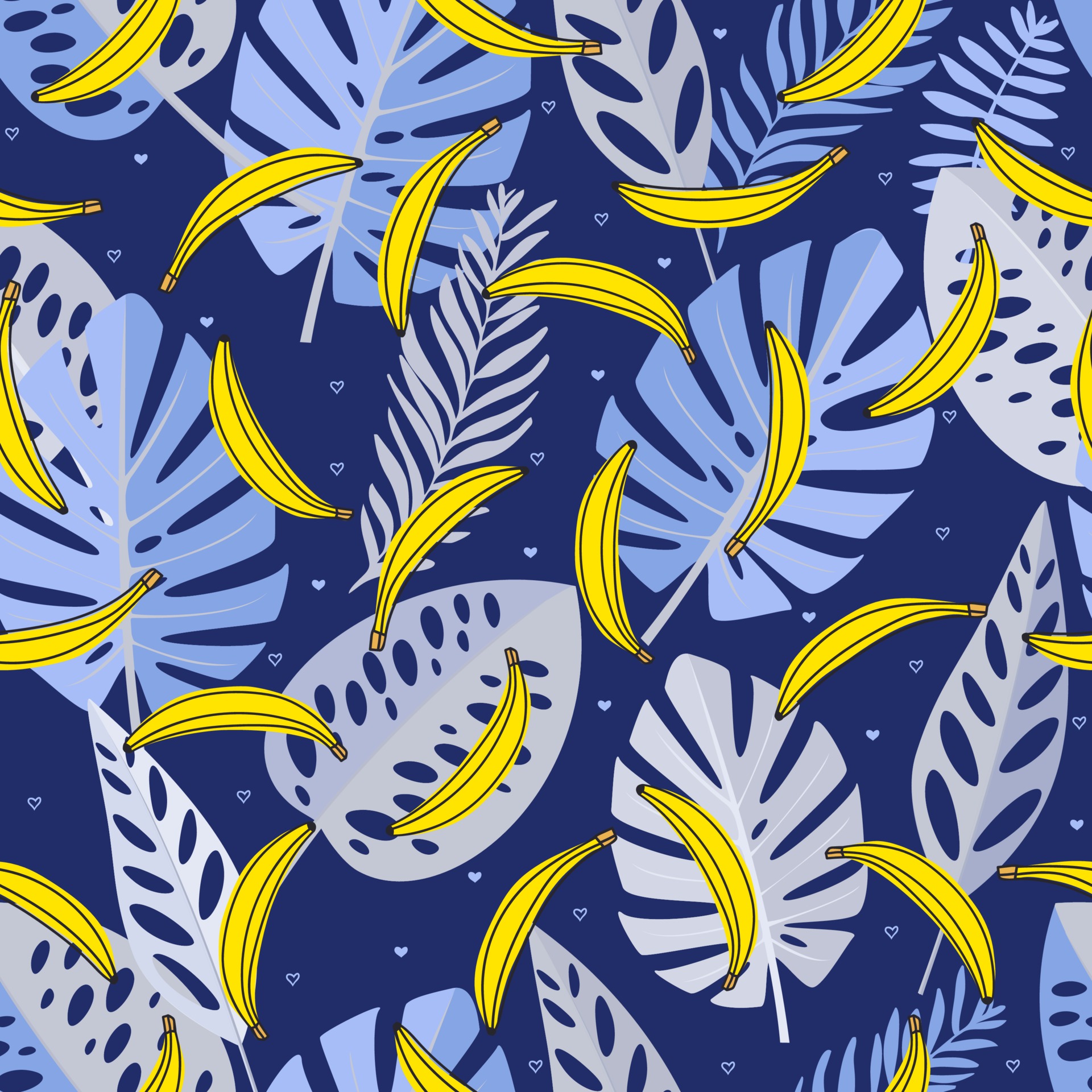 Seamless pattern with blue leaves, bananas and heart. Hand drawn, vector, bright colours. Background for prints, fabric, wallpaper, wrapping paper