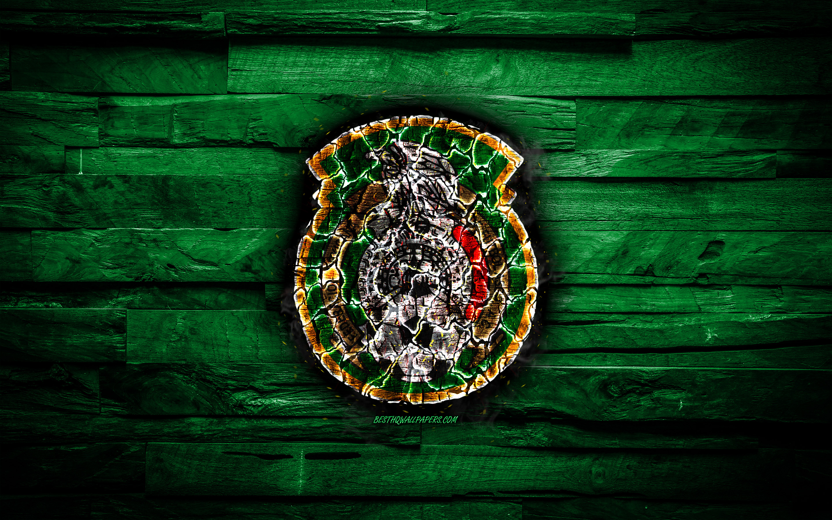 Download wallpaper Mexico, burning logo, CONCACAF, green wooden background, grunge, North America National Teams, football, Mexican soccer team, soccer, Mexico national football team for desktop with resolution 2880x1800. High Quality HD picture