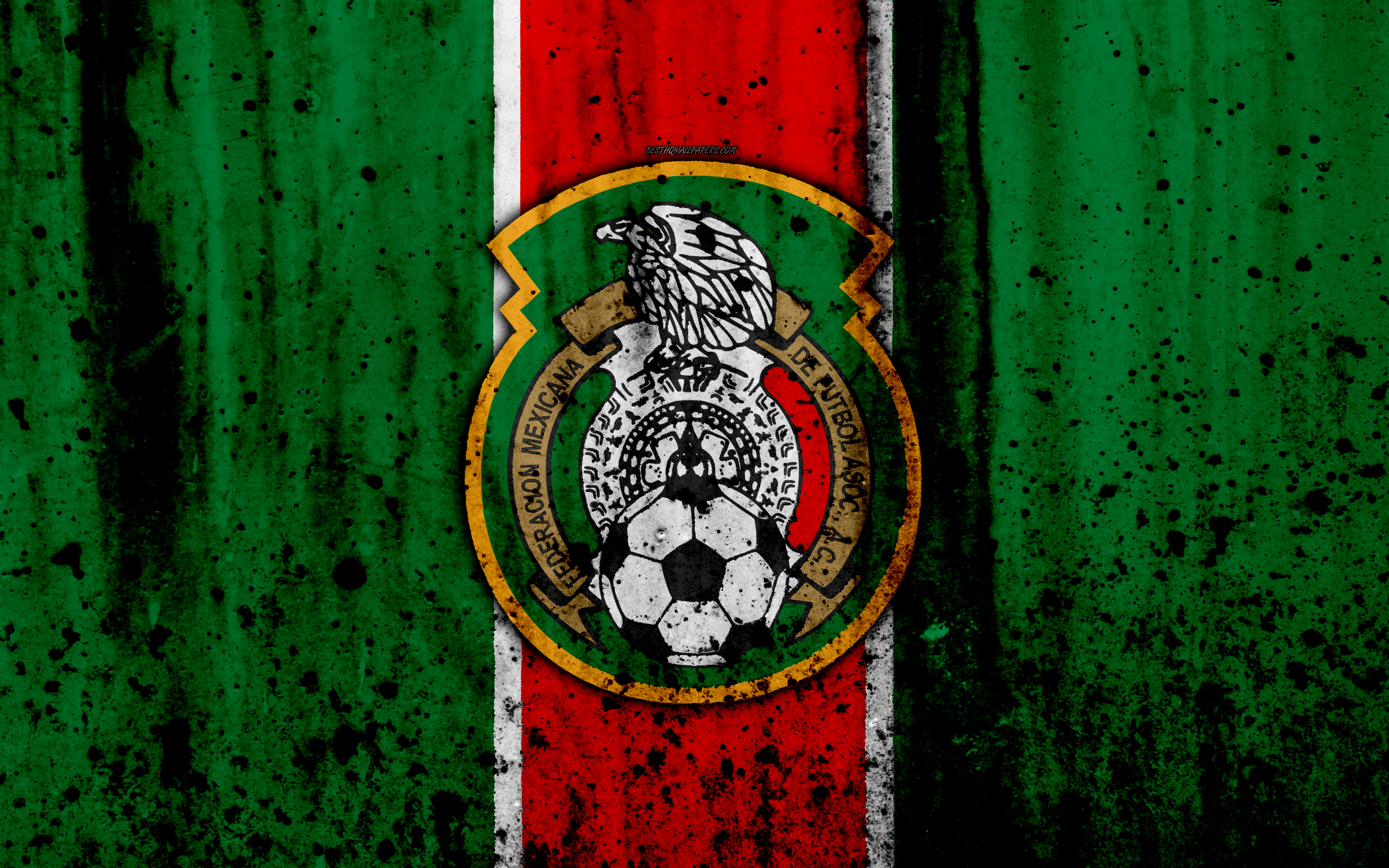 Download wallpaper Mexico national football team, 4k, emblem, grunge, North America, football, stone texture, soccer, Mexico, logo, North American national teams for desktop with resolution 3840x2400. High Quality HD picture wallpaper