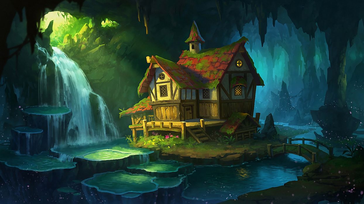 Water houses forest bridges drawings fantasy flowers widescreen wallpaperx945