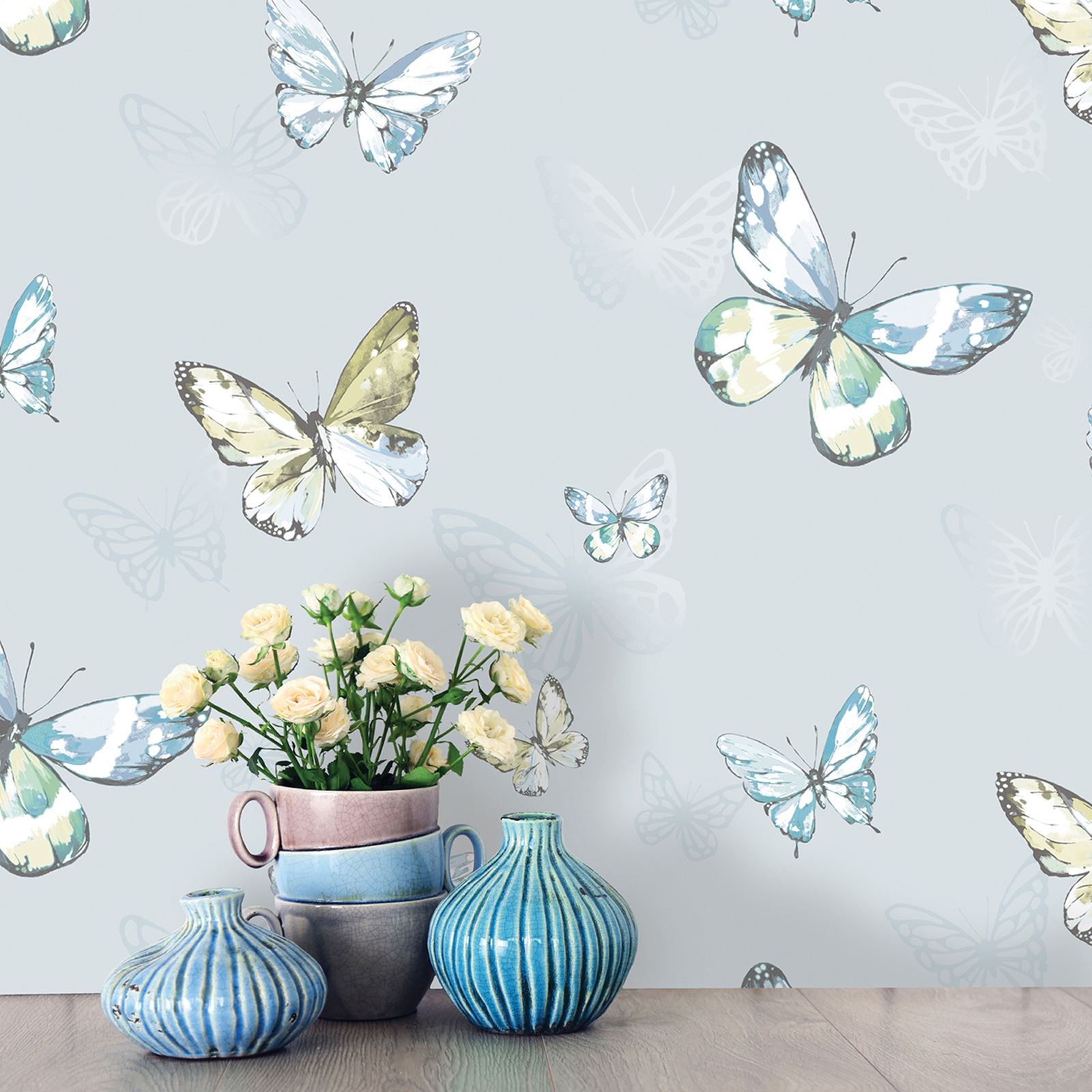 BUTTERFLY WALLPAPER GIRLS BEDROOM DECOR PINK WHITE TEAL PURPLE GLITTER METALLIC