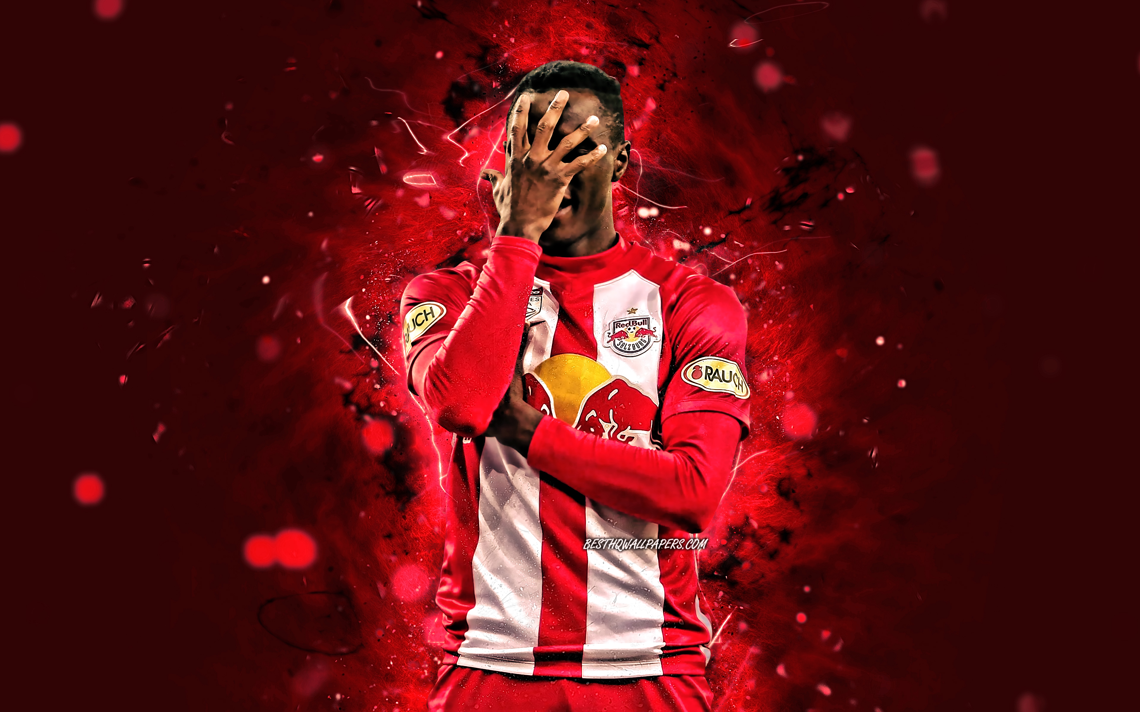 Download wallpaper Patson Daka, 2020, 4k, zambian footballers, Red Bull Salzburg FC, red neon lights, Austrian Football Bundesliga, creative, football, Patson Daka 4K for desktop with resolution 3840x2400. High Quality HD picture
