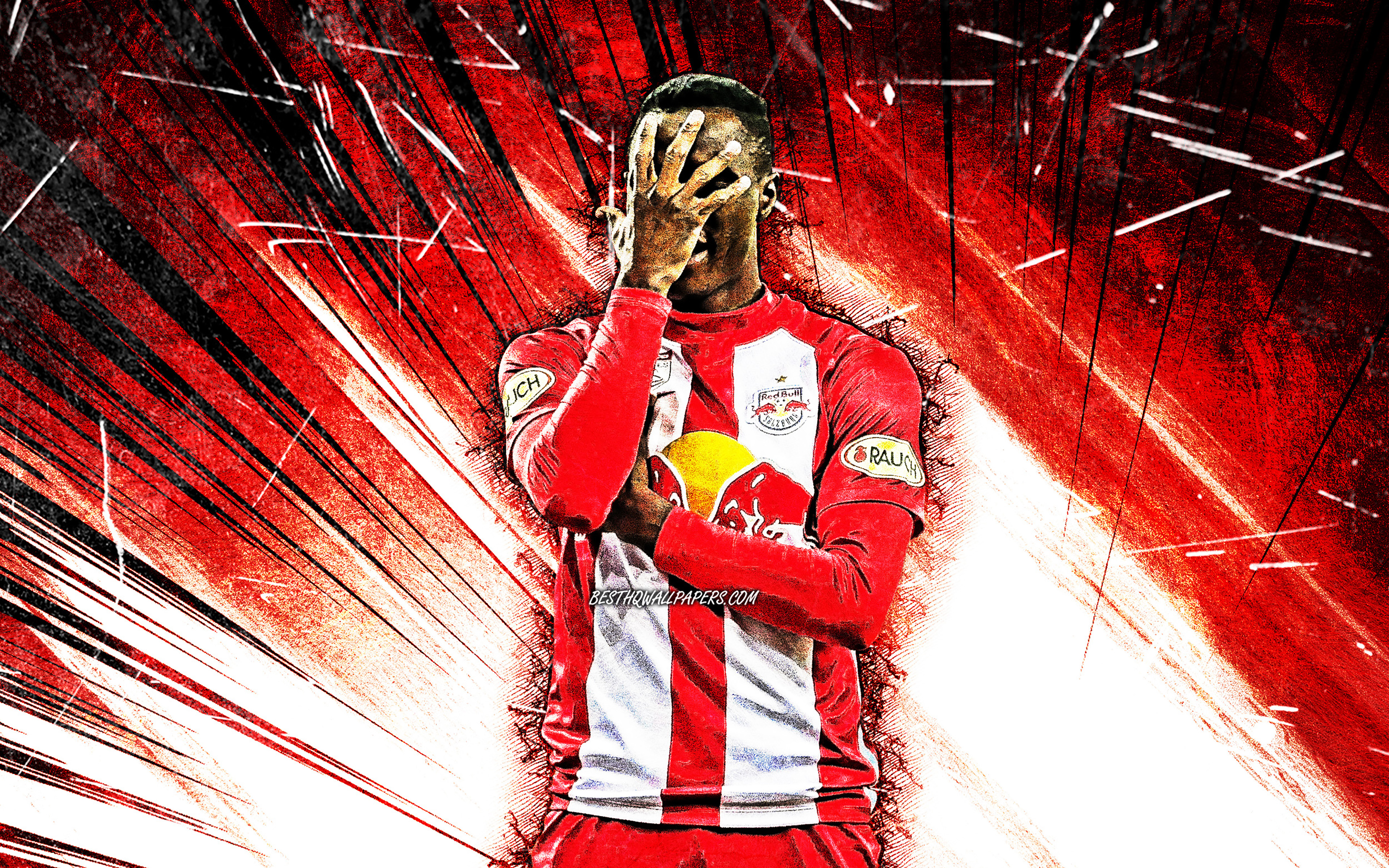 Download wallpaper 4k, Patson Daka, grunge art, zambian footballers, Red Bull Salzburg FC, red abstract rays, Austrian Football Bundesliga, football, Patson Daka 4K for desktop with resolution 3840x2400. High Quality HD picture
