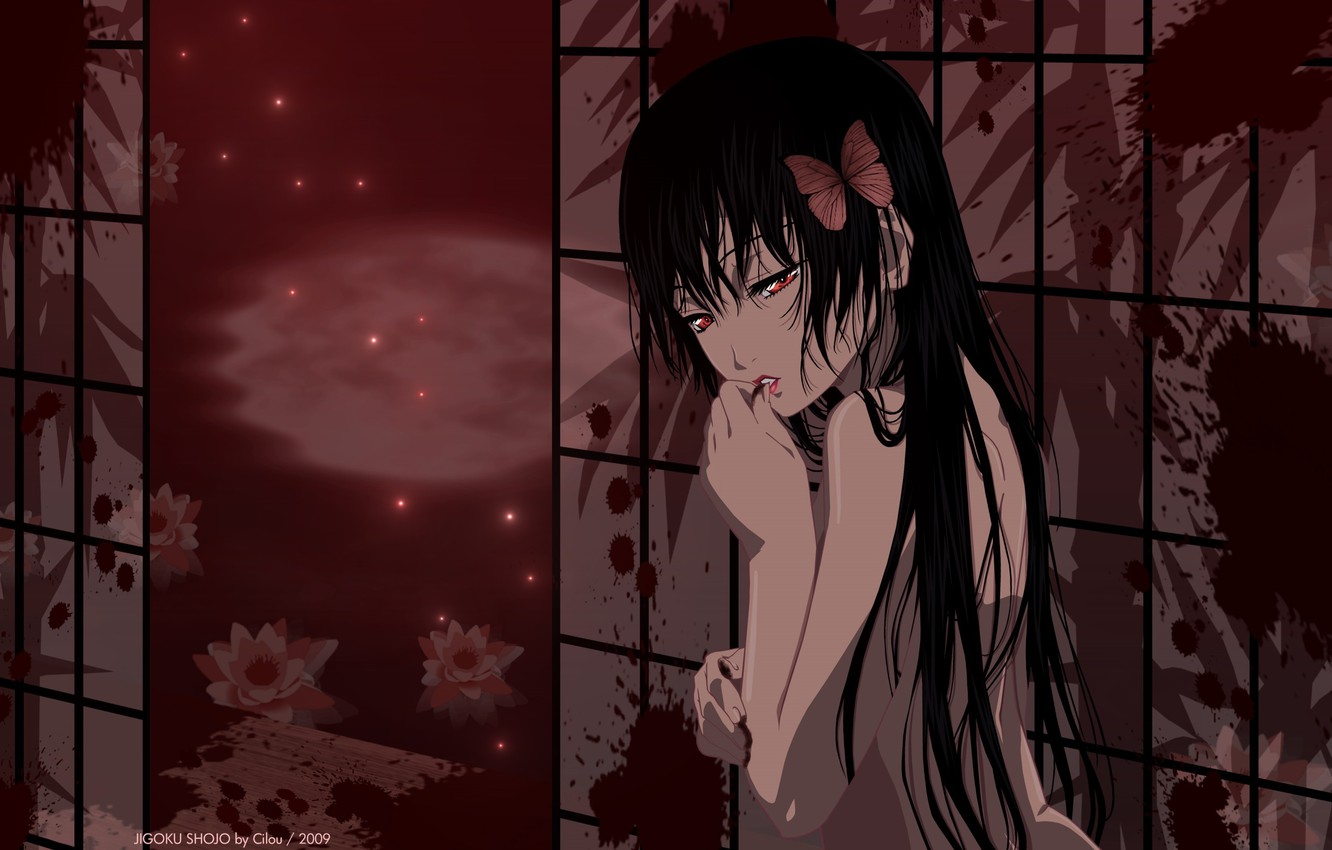 Wallpaper night, loneliness, blood, spot, red eyes, black hair, madness, Enma Ai, Jigoku Shoujo, Hell girl, hell girl, by Cilou image for desktop, section сёнэн