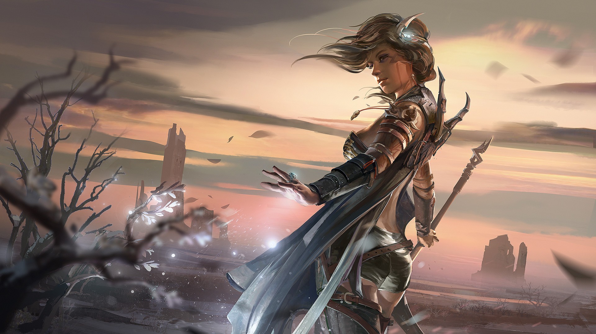 Wallpaper, fantasy art, knight, sky, magic, mythology, screenshot, armour, computer wallpaper, woman warrior, 1920x1077 px, adventurer, cg artwork 1920x1077