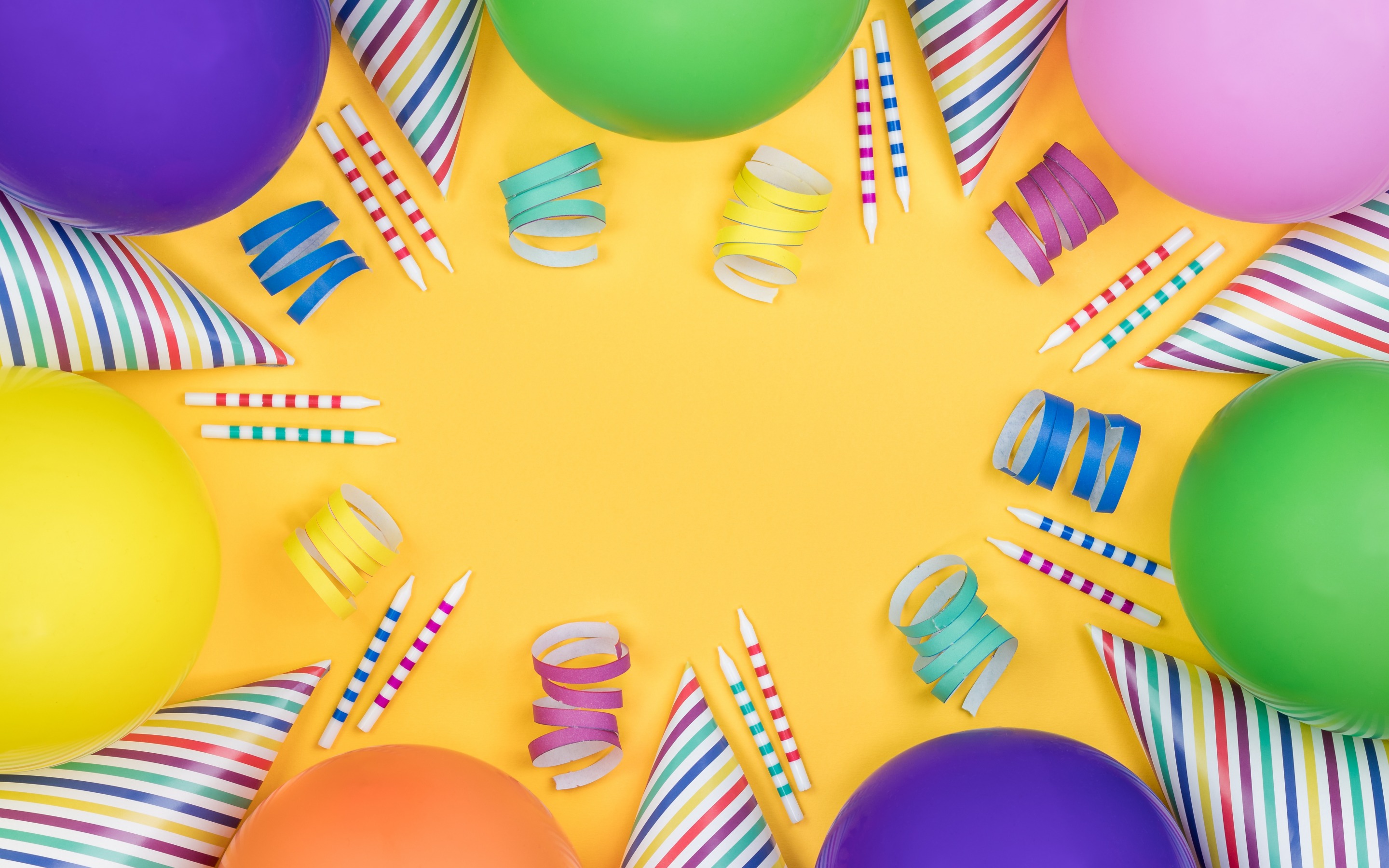 Download wallpaper Happy Birthday, yellow background, multicolored inflatable balls, confetti, postcard , congratulations for desktop with resolution 2880x1800. High Quality HD picture wallpaper