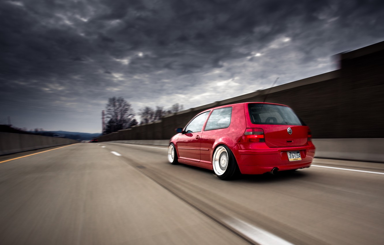 Wallpaper road, red, tuning, volkswagen, red, Golf, golf, Volkswagen, stance, MK4 image for desktop, section volkswagen