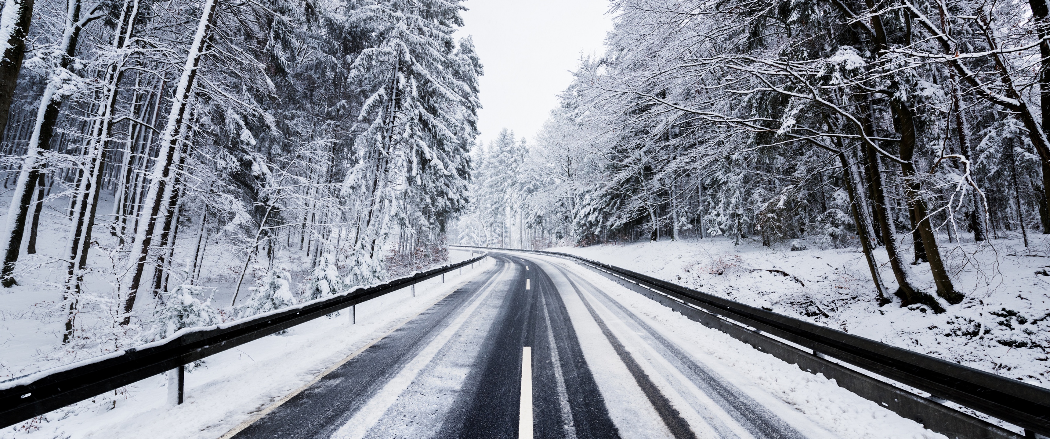 Winter Wallpaper 4K, Road, Forest, Snow covered, Trees, Nature