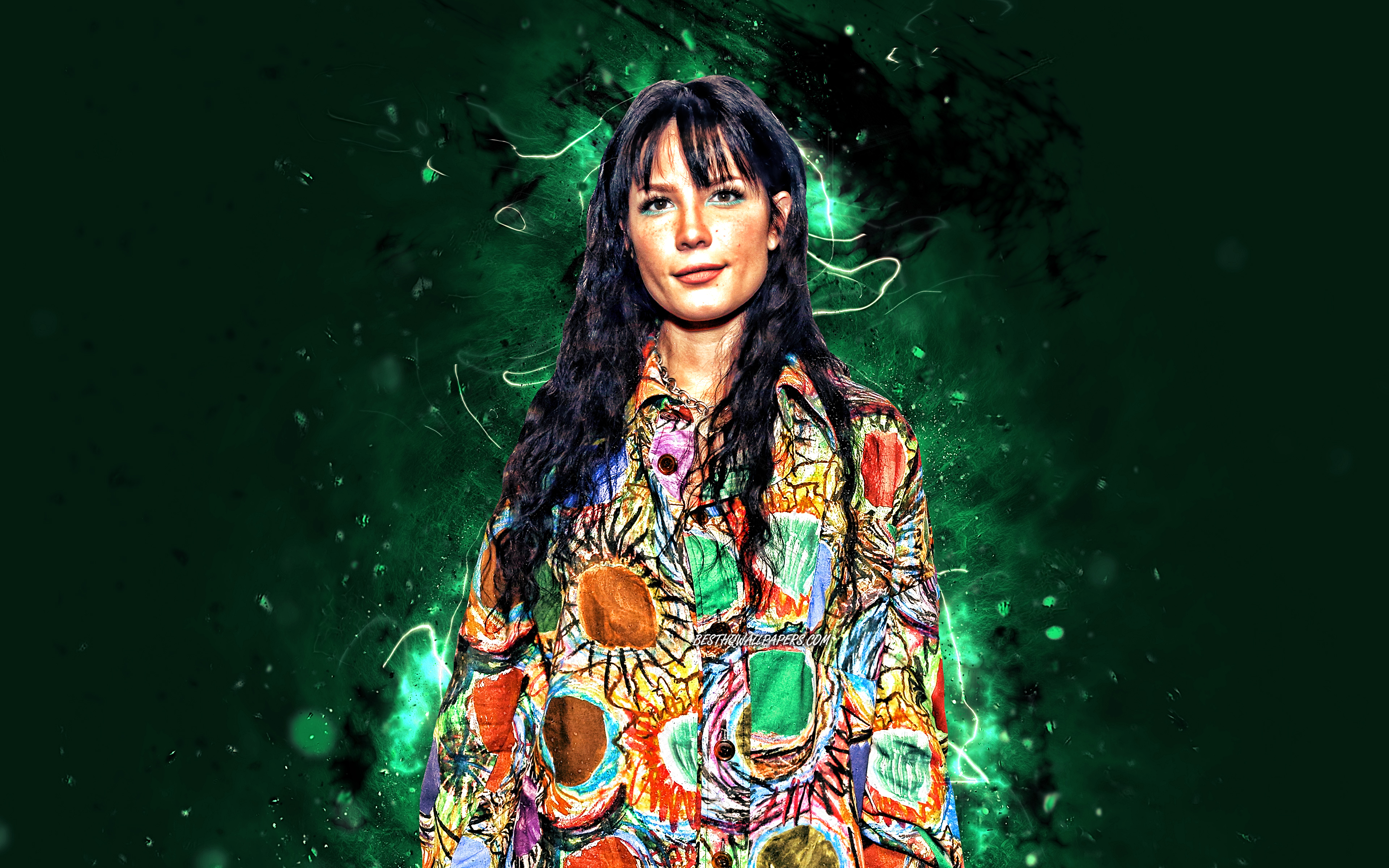 Download wallpaper Halsey, 4k, american singer, Hollywood, turquoise neon lights, american celebrity, Ashley Nicolette Frangipane, beauty, Halsey 4K for desktop with resolution 3840x2400. High Quality HD picture wallpaper