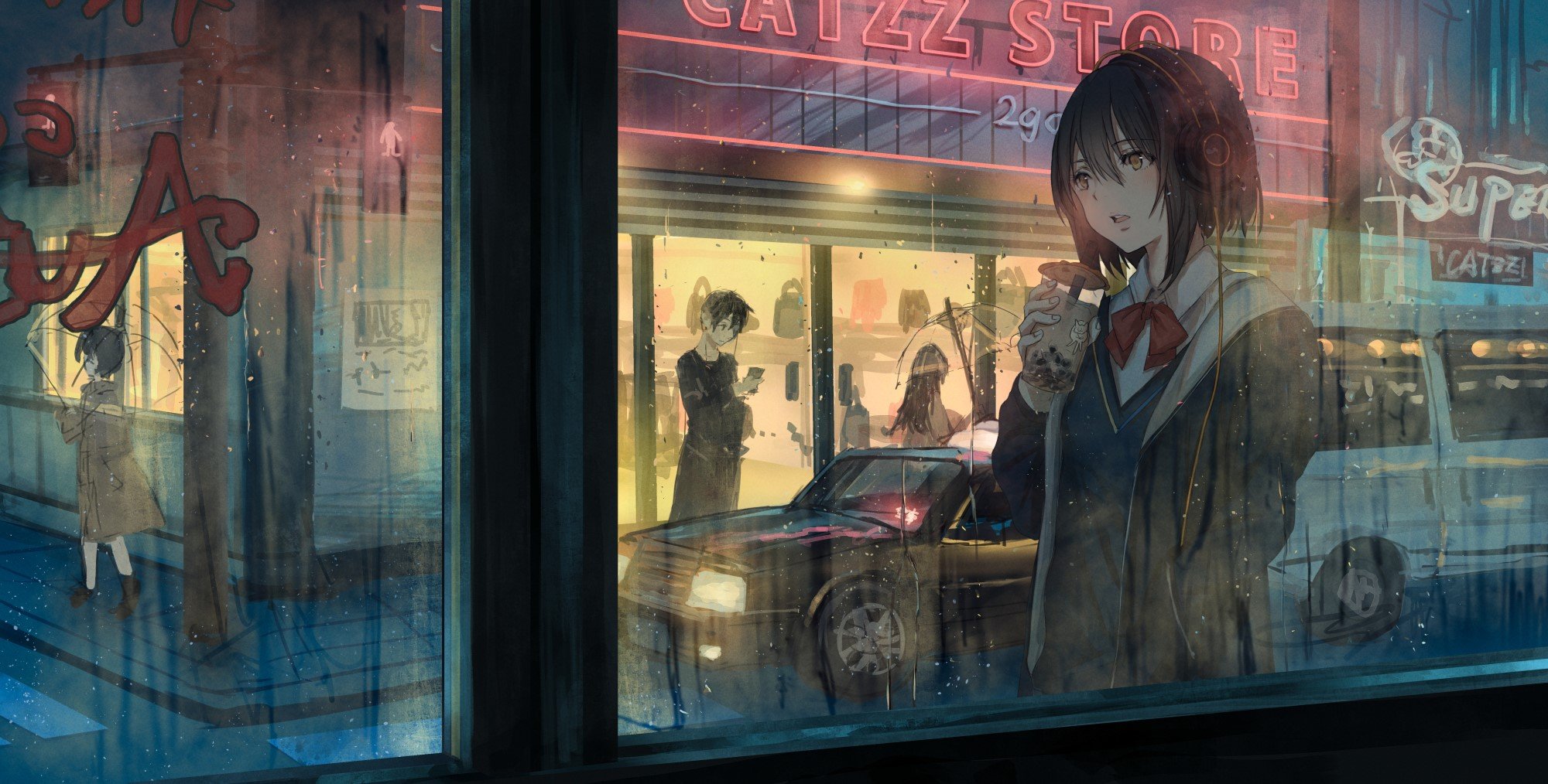 Wallpaper / anime, anime girls, city, original characters, night view, rain, dark hair, headphones, catzz