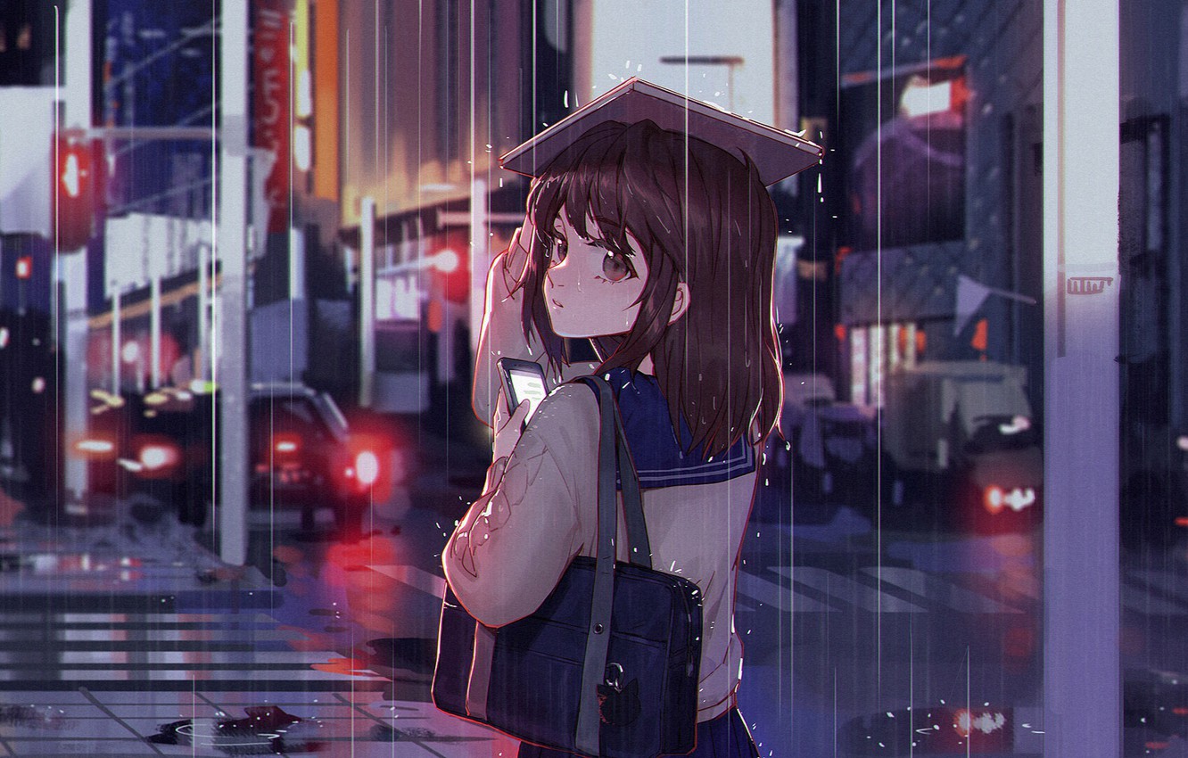 Wallpaper night, the city, rain, girl image for desktop, section сёнэн