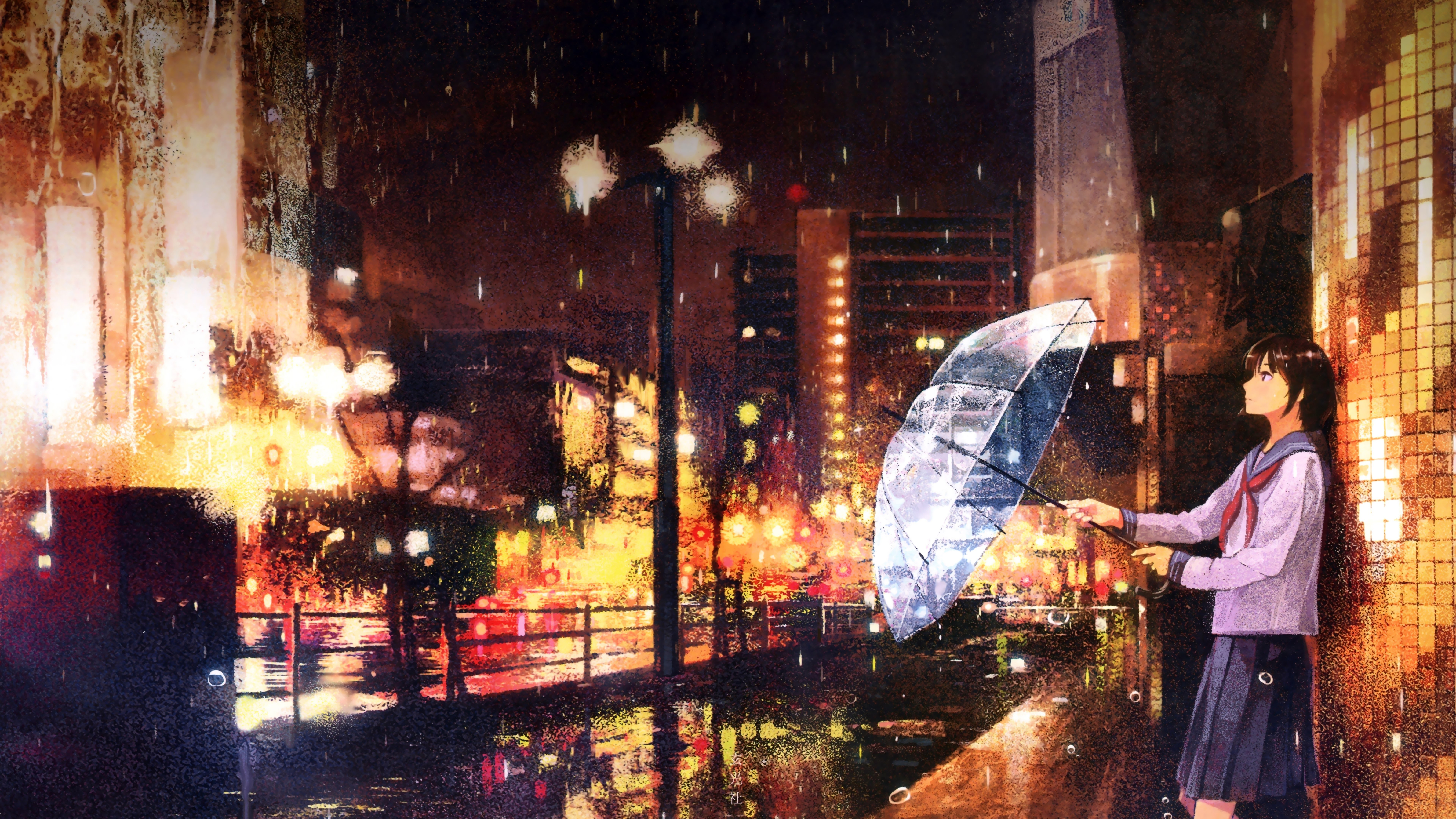 Anime School Girl Waiting in the Rain 8K Wallpaper