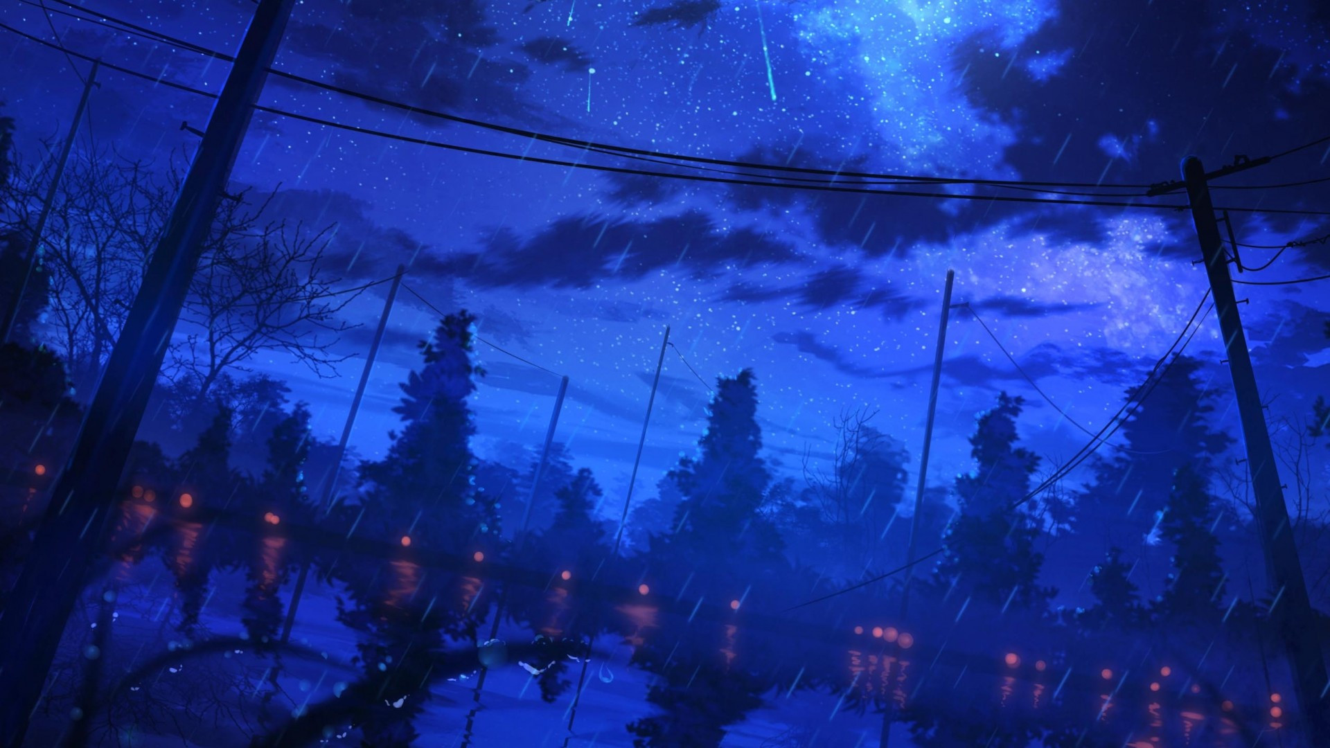 Download 1920x1080 Anime Night, Starry Sky, Scenery, Raining Wallpaper for Widescreen