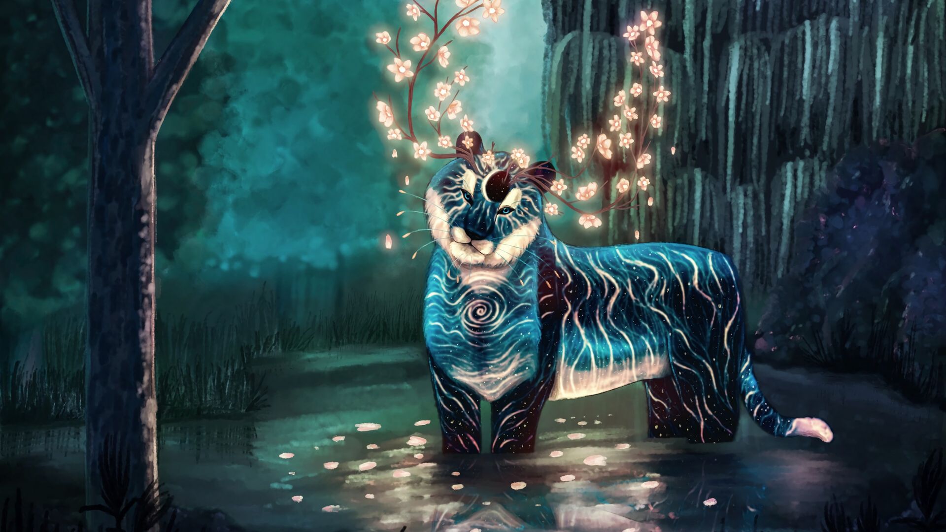 Download wallpaper 1920x1080 creature, tiger, horns, fantasy, glow full hd, hdtv, fhd, 1080p HD background