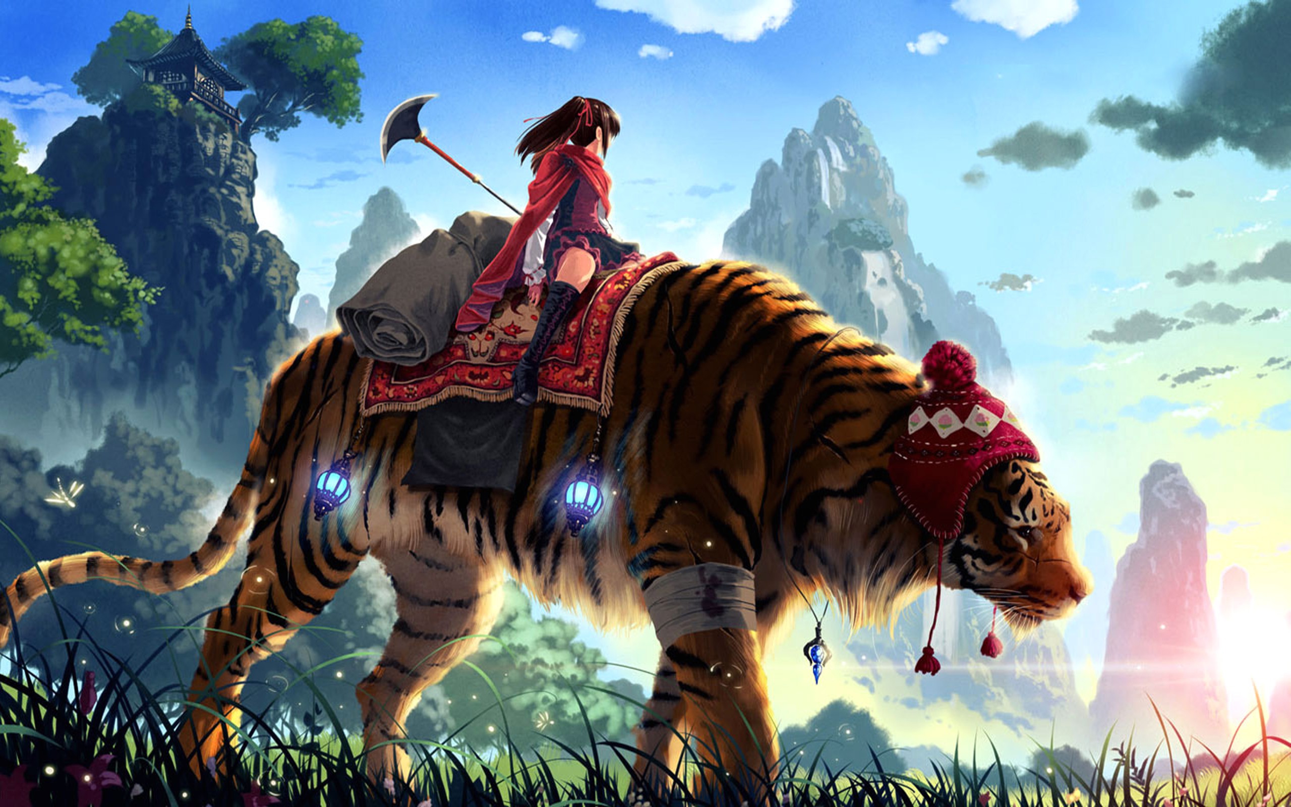 Wallpaper, landscape, fantasy art, anime, tiger, dragon, mythology, mammal, screenshot, 2560x1600 px, computer wallpaper, fictional character, ecosystem, mythical creature, organism, adventurer, extinction, cg artwork 2560x1600