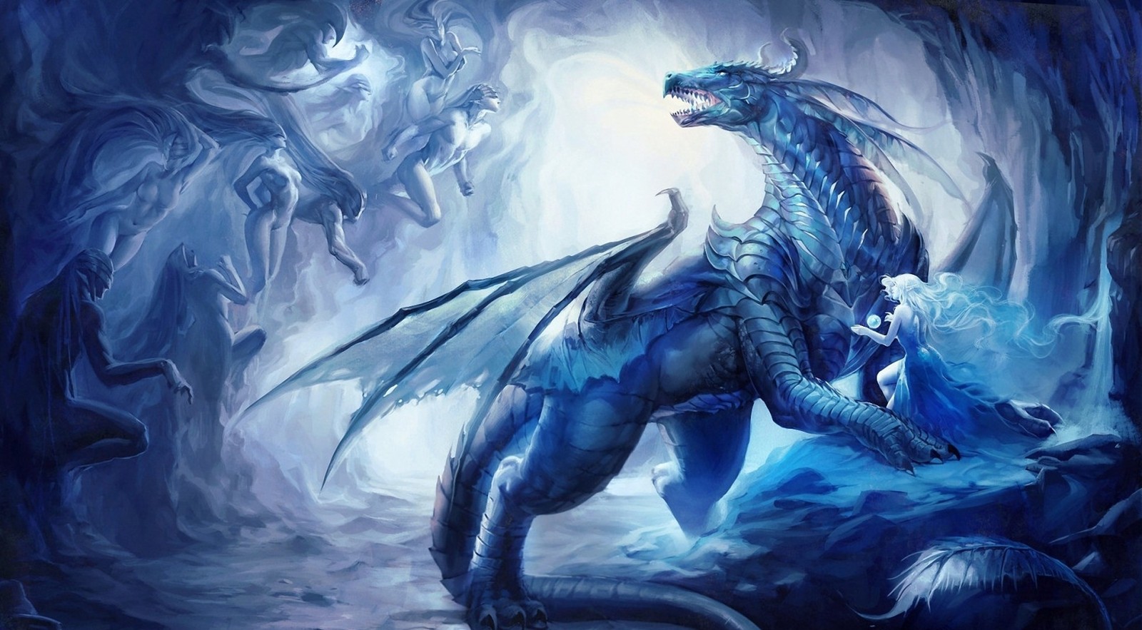 illustration, women, fantasy art, ice, dragon, mythology, screenshot, computer wallpaper, fictional character, mythical creature HD Wallpaper