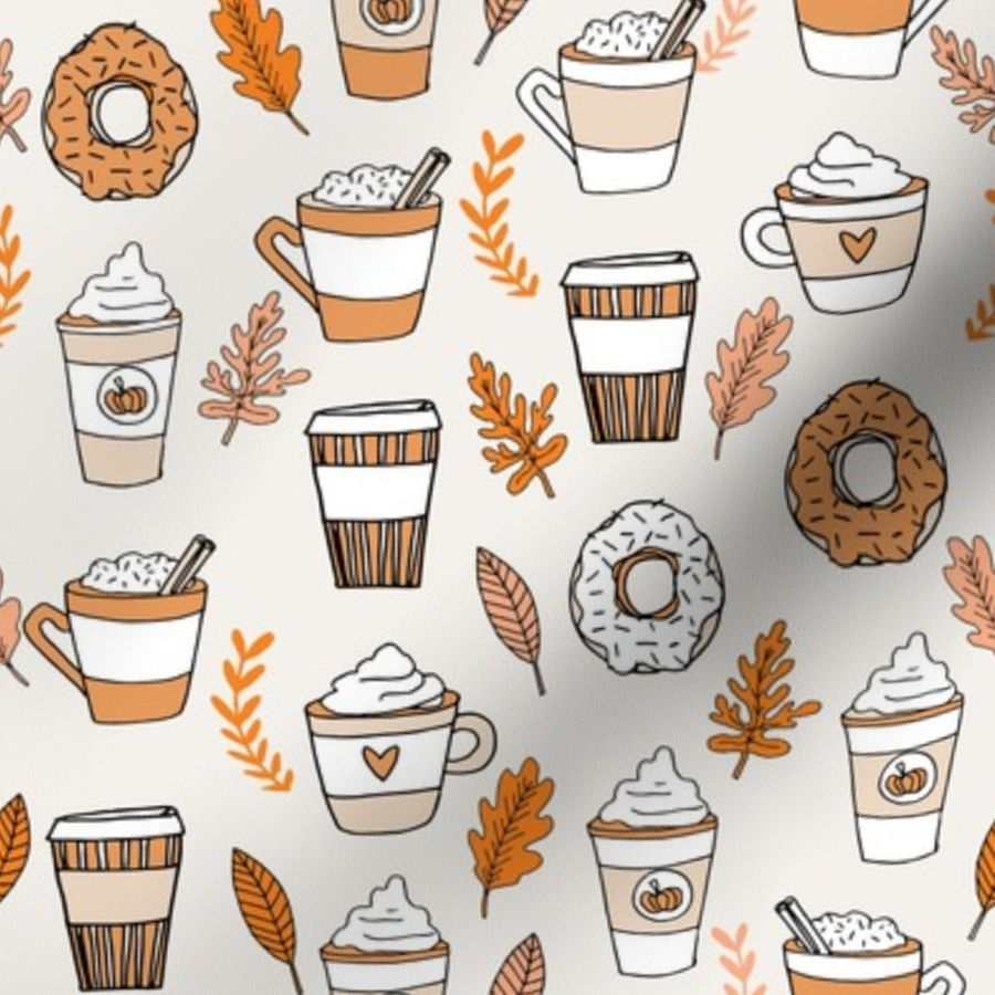 Colorful Fabrics Digitally Printed By Spoonflower Spice Latte Fabric Coffee And Donuts Fall Autumn Traditions Off White. IPhone Wallpaper Fall, Fall Wallpaper, Cute Fall Wallpaper