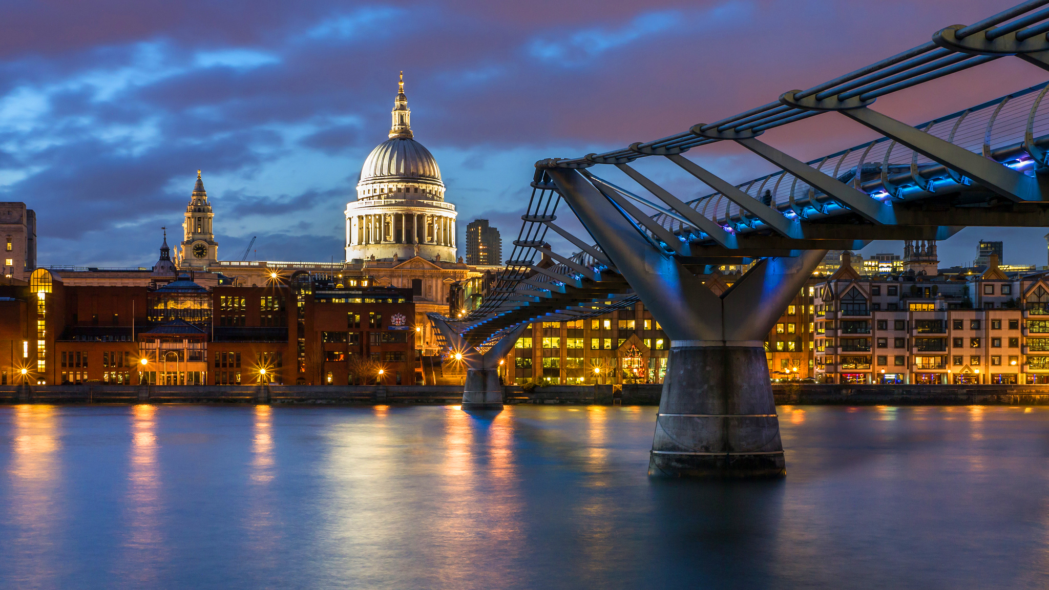 Bridge Millennium Bridge London St Pauls Cathedral Architecture Thames Night Wallpaper:2048x1152