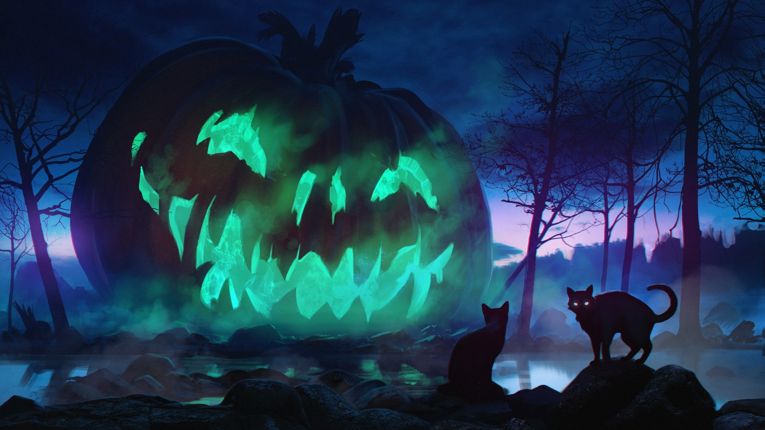 Download 2560x1440 Halloween, Giant Pumpkin, Scary, Cats, Dark Theme, Forest, Fog, Stones Wallpaper for iMac 27 inch