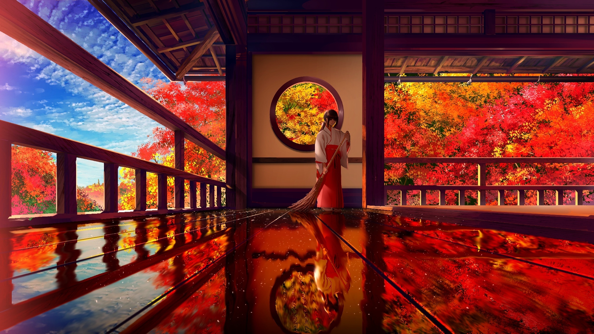 Wallpaper Fall, Anime Girl, Traditional Japanese Building, Miko, Autumn:1920x1080
