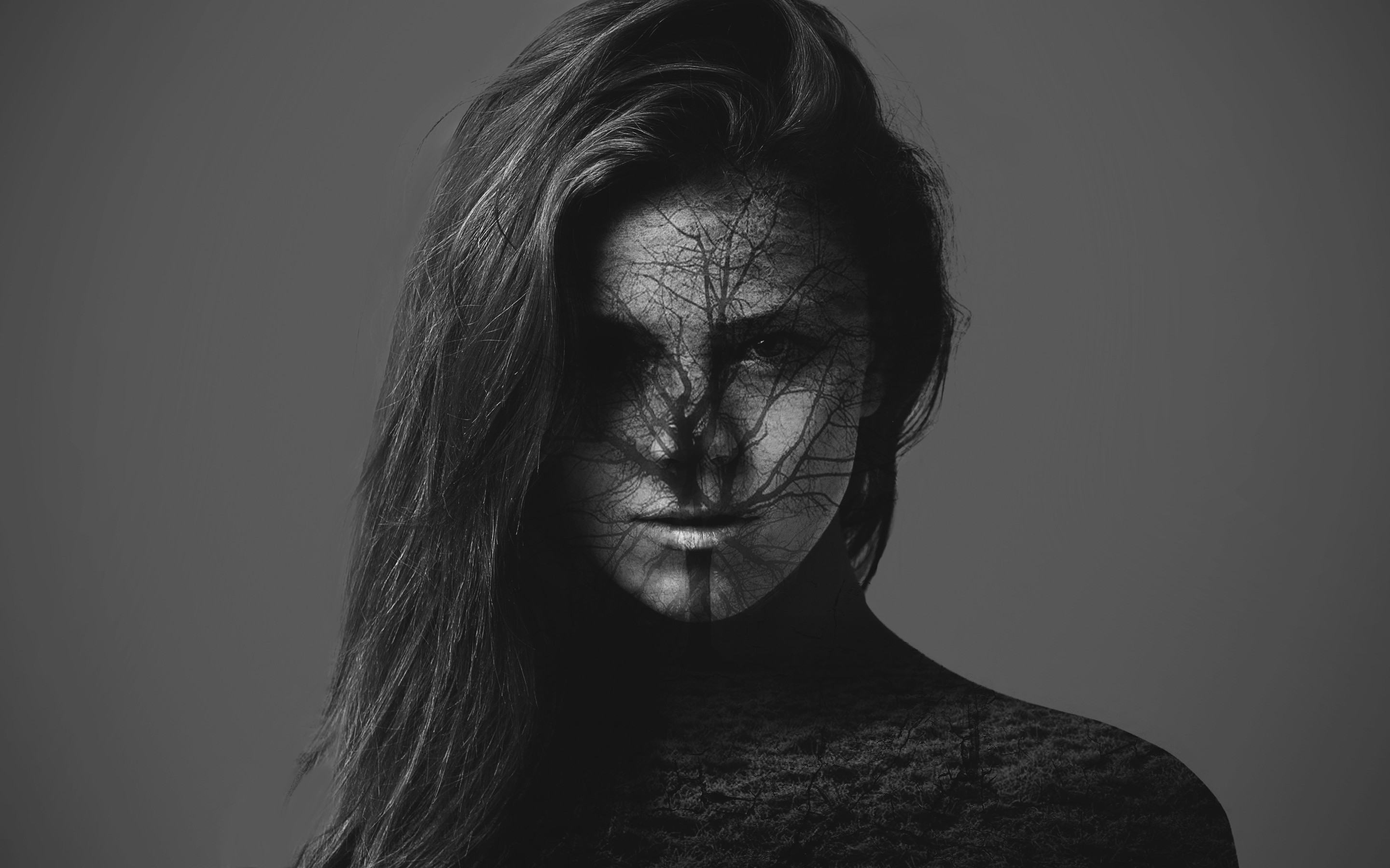 Wallpaper, trees, drawing, women, portrait, dark, sculpture, statue, head, ART, darkness, sketch, 2880x1800 px, black and white, monochrome photography, film noir, art model, close up 2880x1800