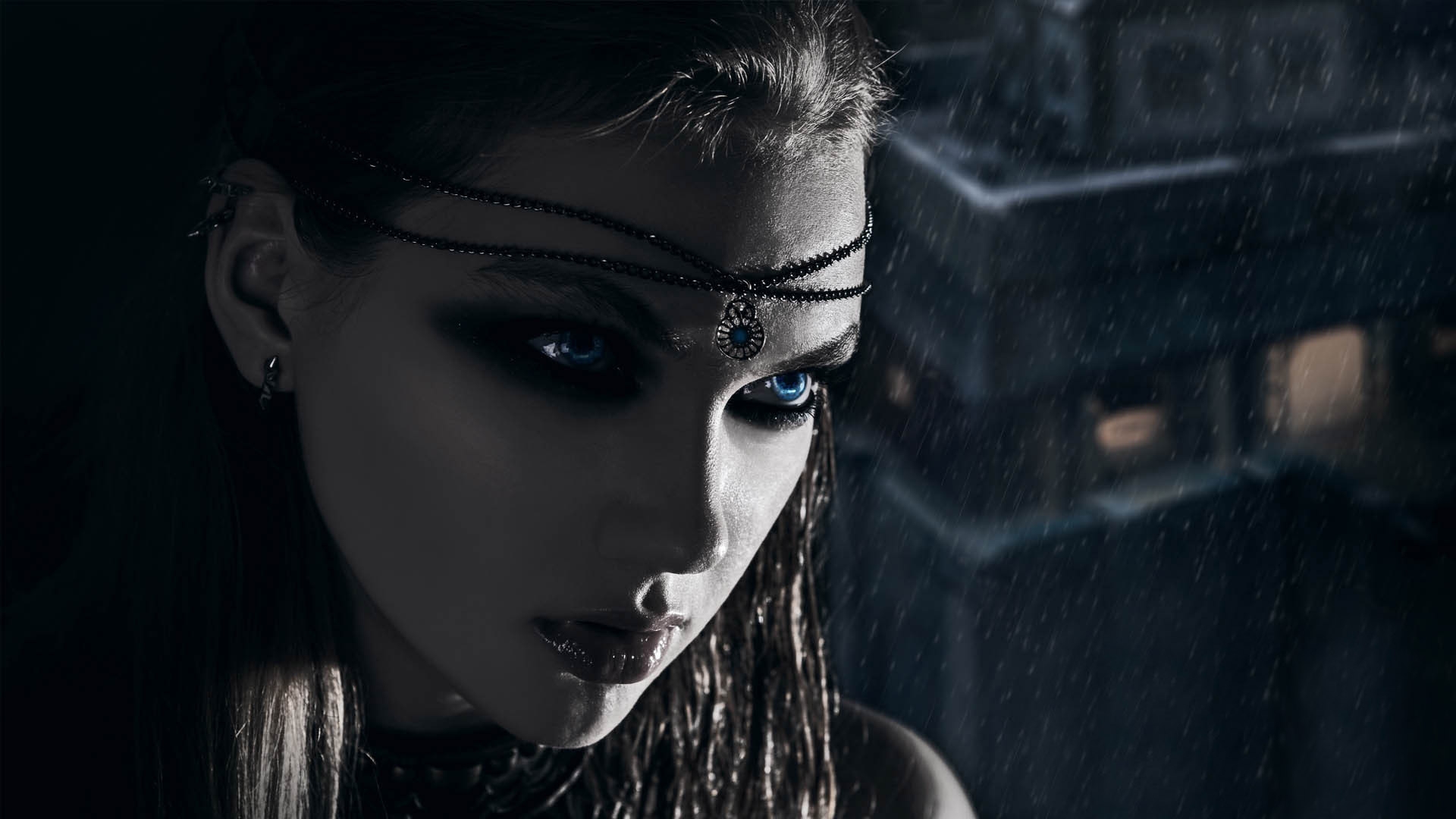 1920x1080 art, dark, digital, drops, eyes, face, fantasy, gothic, horror, jewelry, rain, vampire, witch, women