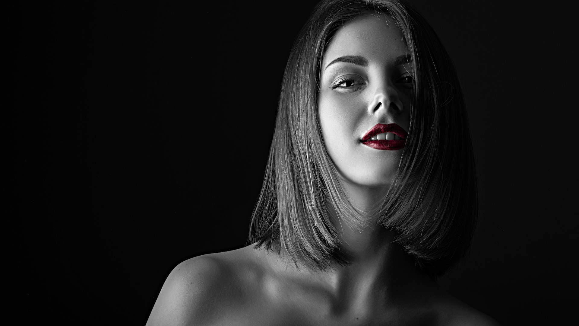 #dark, #women, #selective coloring, #model, px, #portrait, #smiling, #bare shoulders, #face, #Sergey Fat, wallpaper. Mocah HD Wallpaper