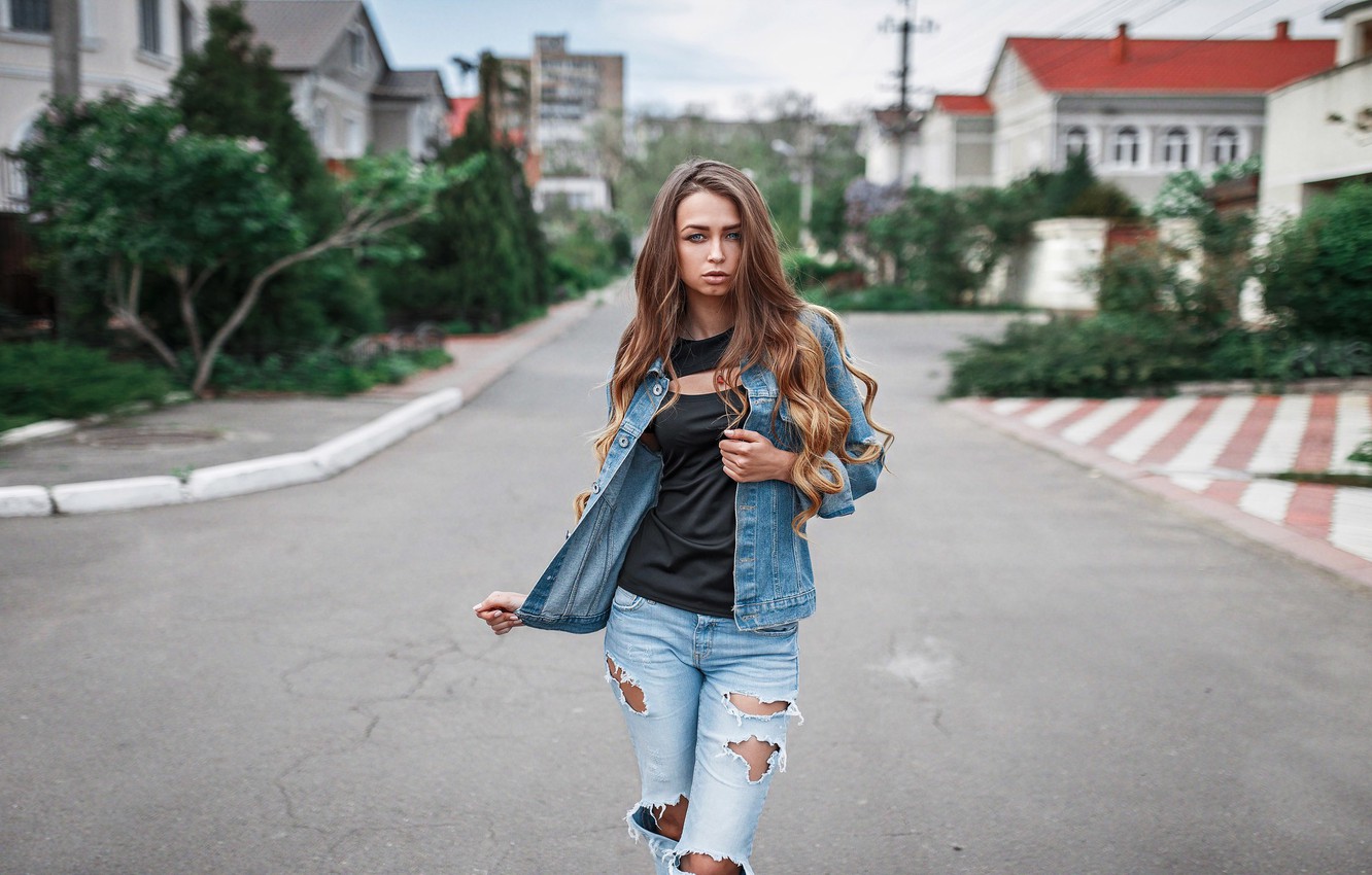 Wallpaper look, girl, city, street, model, clothing, portrait, home, jeans, jacket, fashion, beauty, Ukrainian, torn, Love Revelers, ZEBRA STUDIO PRODUCTION image for desktop, section девушки