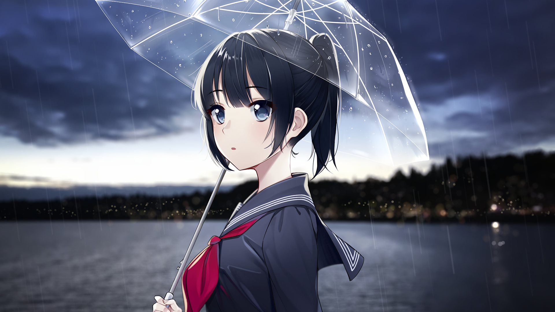 Wallpaper / umbrella, rain, black hair, anime girls, anime